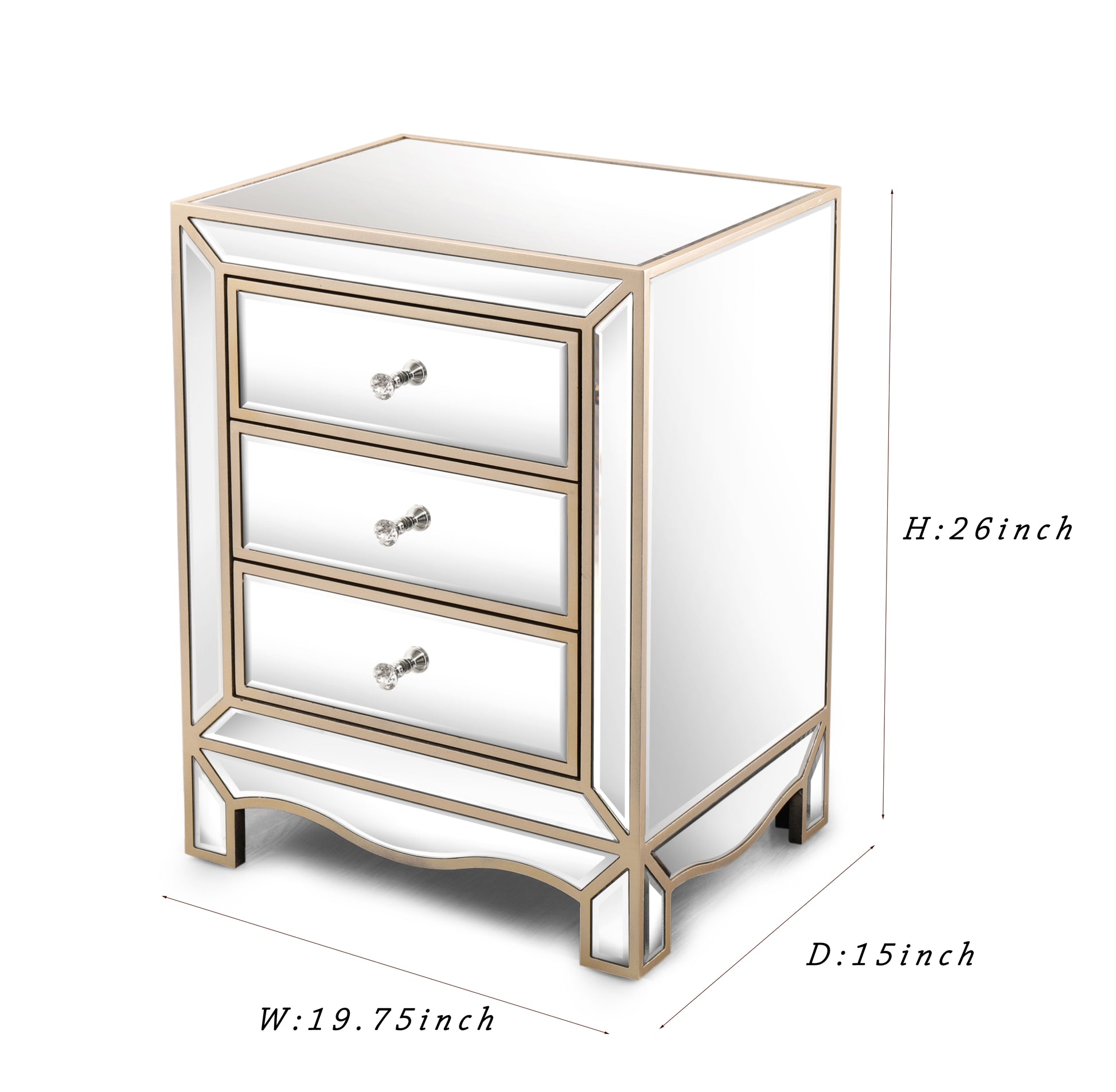 W 19.7" X D 15" X H 26" Champagne Mirror Three Extraction Cabinet, Multifunctional Bedside Table Chest 3 4 Drawers Glass Pane Silver Primary Living Space Corner Unit American Design Mdf Glass