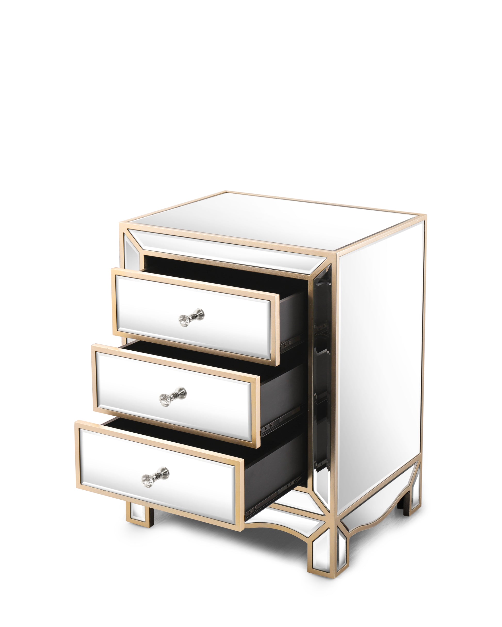 W 19.7" X D 15" X H 26" Champagne Mirror Three Extraction Cabinet, Multifunctional Bedside Table Chest 3 4 Drawers Glass Pane Silver Primary Living Space Corner Unit American Design Mdf Glass