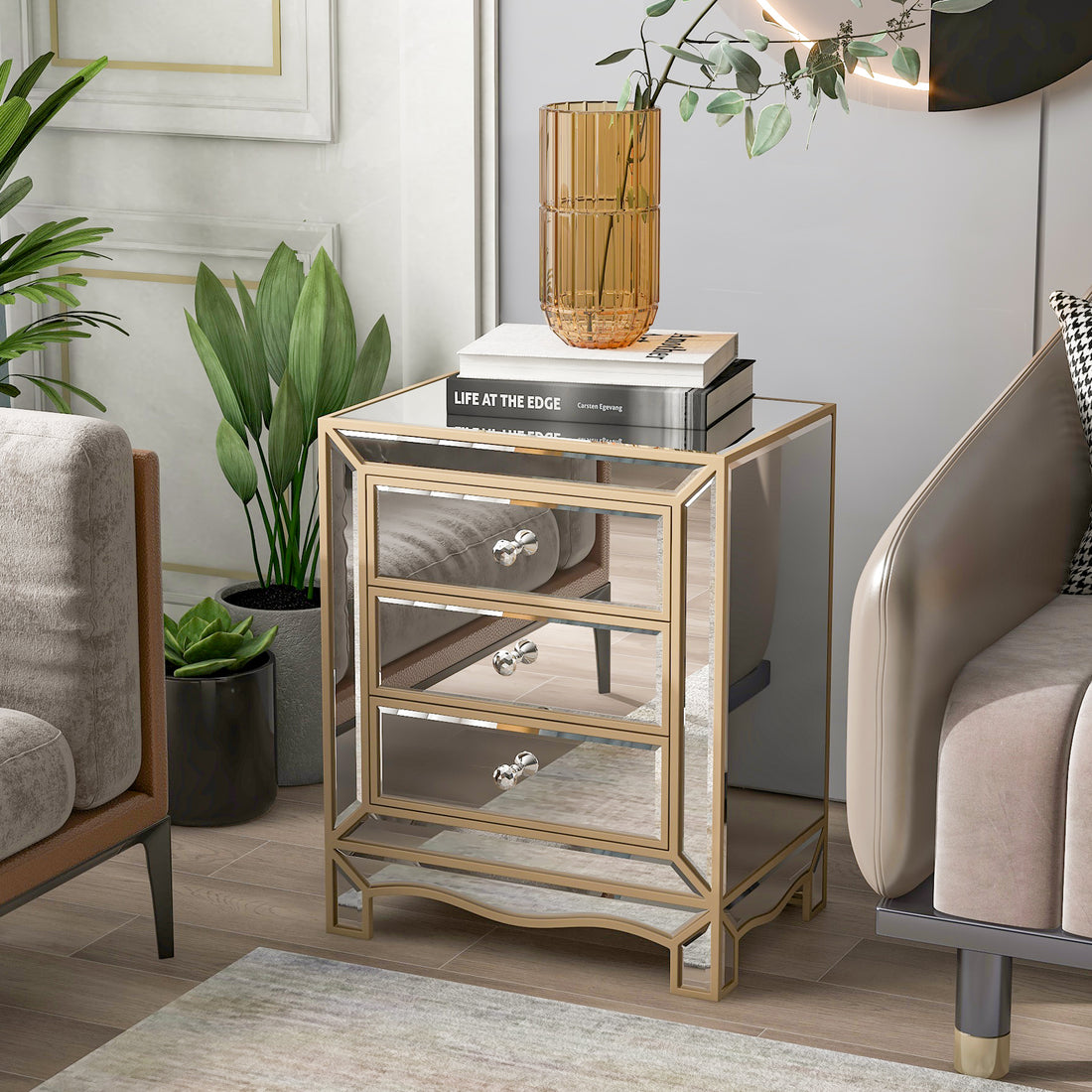 W 19.7" X D 15" X H 26" Champagne Mirror Three Extraction Cabinet, Multifunctional Bedside Table Chest 3 4 Drawers Glass Pane Silver Primary Living Space Corner Unit American Design Mdf Glass