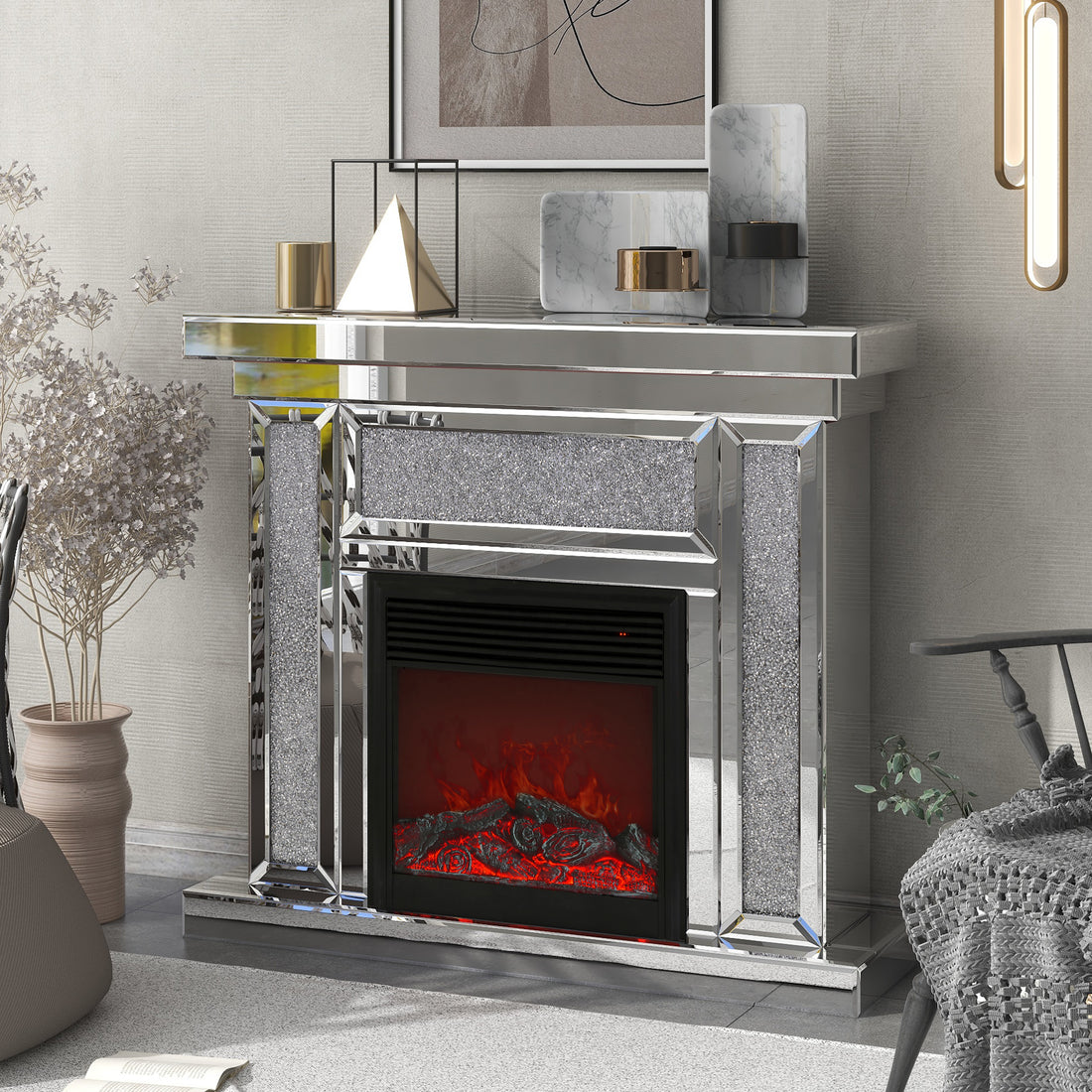 W 47 Inch X D 12.6 Inch X H 41.7 Inch Acrylic Diamond Mirror Mantelpiece, Separate Mantelpiece Built In Filling: Acrylic High Imitation Drill, 1500 W Electric Heating Furnace Powder Coated Electric Primary Living Space Yes Freestanding Electric Up To 40