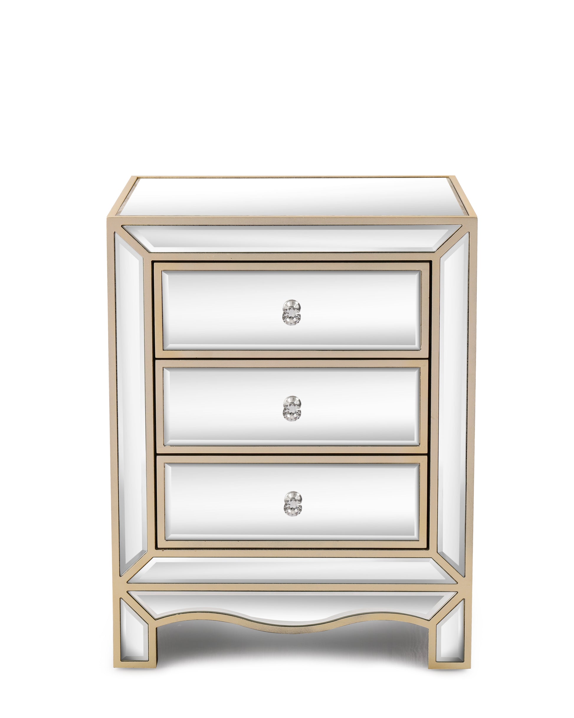 W 19.7" X D 15" X H 26" Champagne Mirror Three Extraction Cabinet, Multifunctional Bedside Table Chest 3 4 Drawers Glass Pane Silver Primary Living Space Corner Unit American Design Mdf Glass