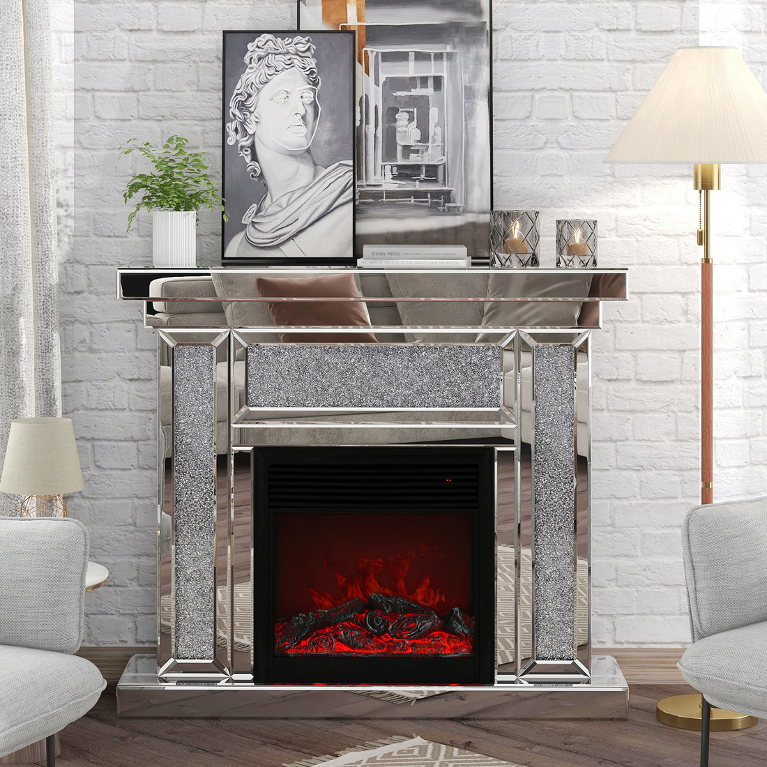 W 47 Inch X D 12.6 Inch X H 41.7 Inch Acrylic Diamond Mirror Mantelpiece, Separate Mantelpiece Built In Filling: Acrylic High Imitation Drill, 1500 W Electric Heating Furnace Powder Coated Electric Primary Living Space Yes Freestanding Electric Up To 40