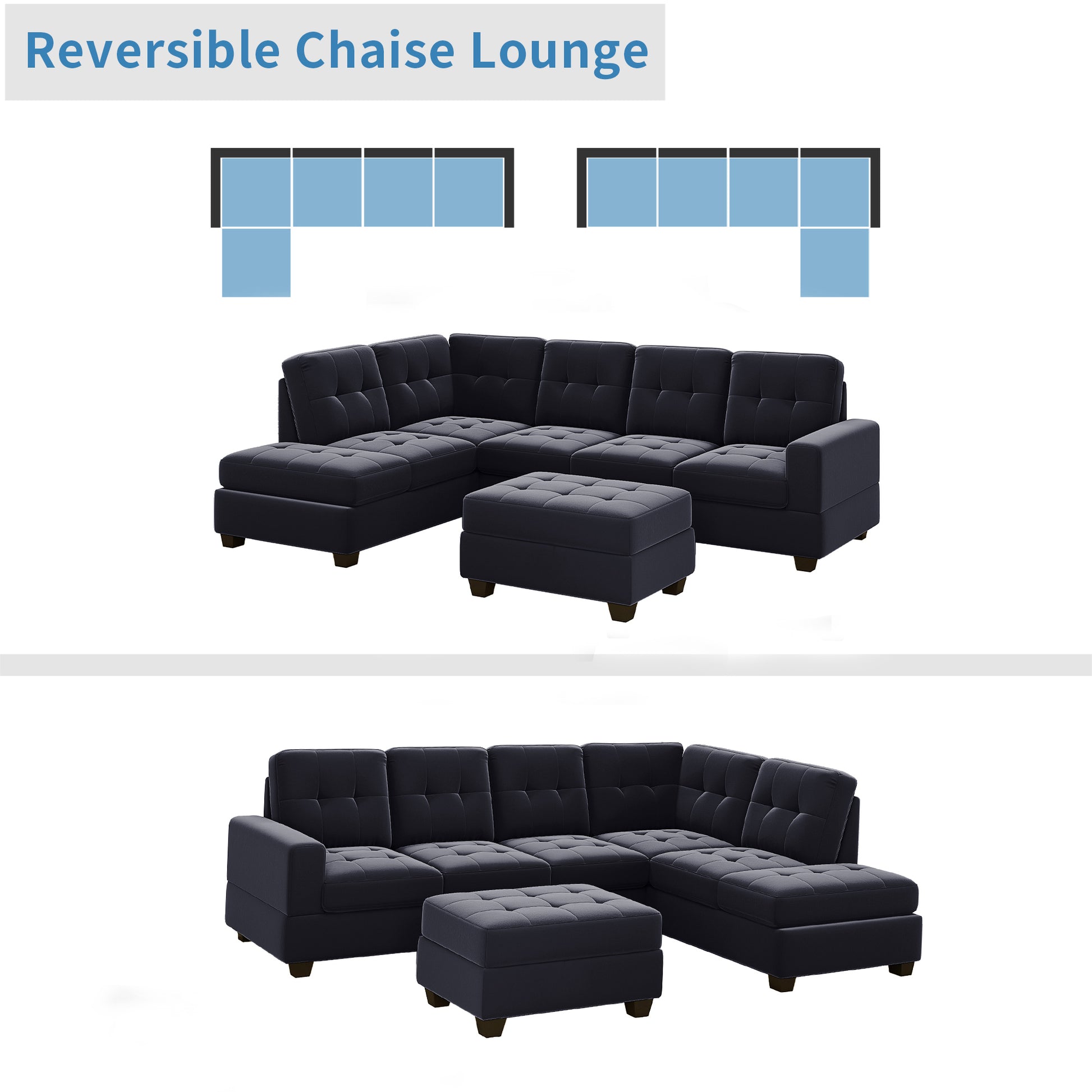 Orisfur. Modern Sectional Sofa With Reversible Chaise, L Shaped Couch Set With Storage Ottoman And Two Cup Holders For Living Room Black Foam Velvet