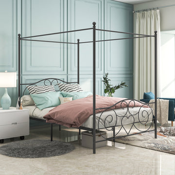 Metal Canopy Bed Frame With Vintage Style Headboard & Footboardeasy Diy Assembly All Parts Included, Queen Black Same As 748G Bk Box Spring Not Required Queen Black Metal Bedroom Bed Frame Metal