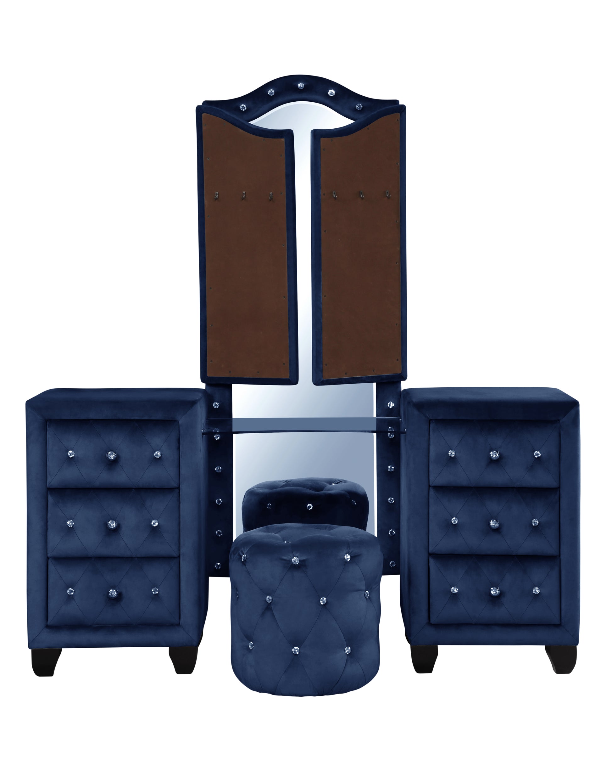 Sophia Modern Style Crystal Tufted Queen 4 Piece Includes: Queen Size Bed, Nightstand, Vanity Set Velvet Fabric Upholstery Vanity Bedroom Set Made With Wood In Blue Box Spring Not Required Queen Blue Wood 4 Piece Set Bedroom Contemporary,Modern