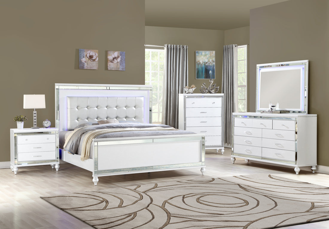 Sterling King 5 Pc Led Bedroom Set Made With Wood In White Color King White Wood 5 Piece Set Bedroom Bed Included,Chest Included,Dresser Included,Mirror Included,Nightstand Included Contemporary,Modern Wood