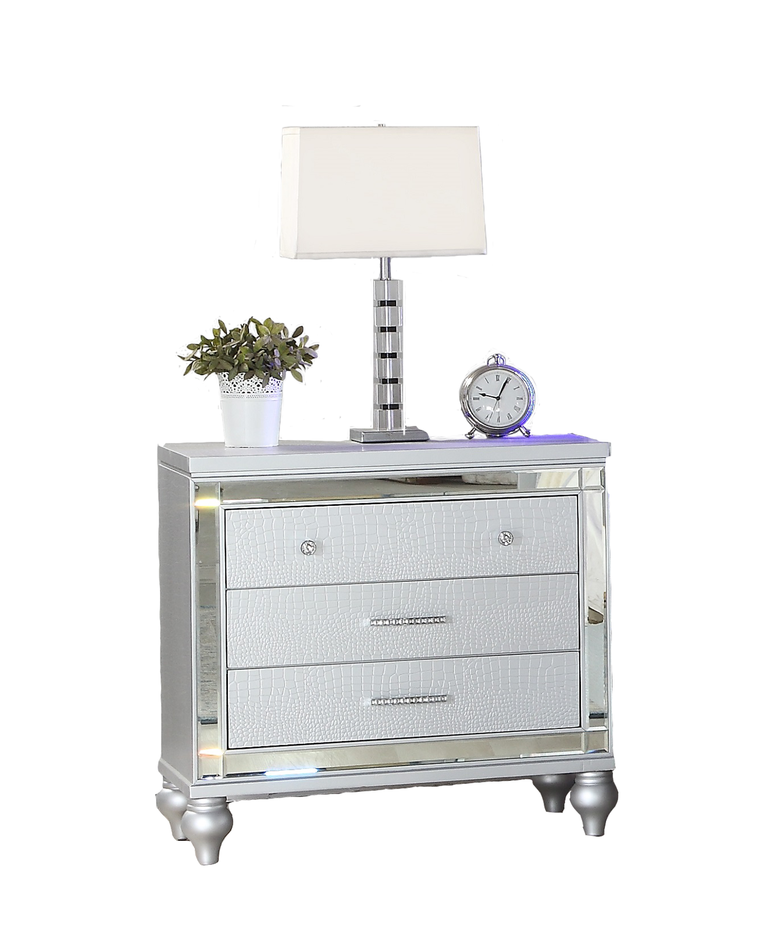 Sterling Mirror Framed Nightstand Made With Wood In Silver Silver 3 Drawers Bedroom Contemporary,Modern Acacia Wood