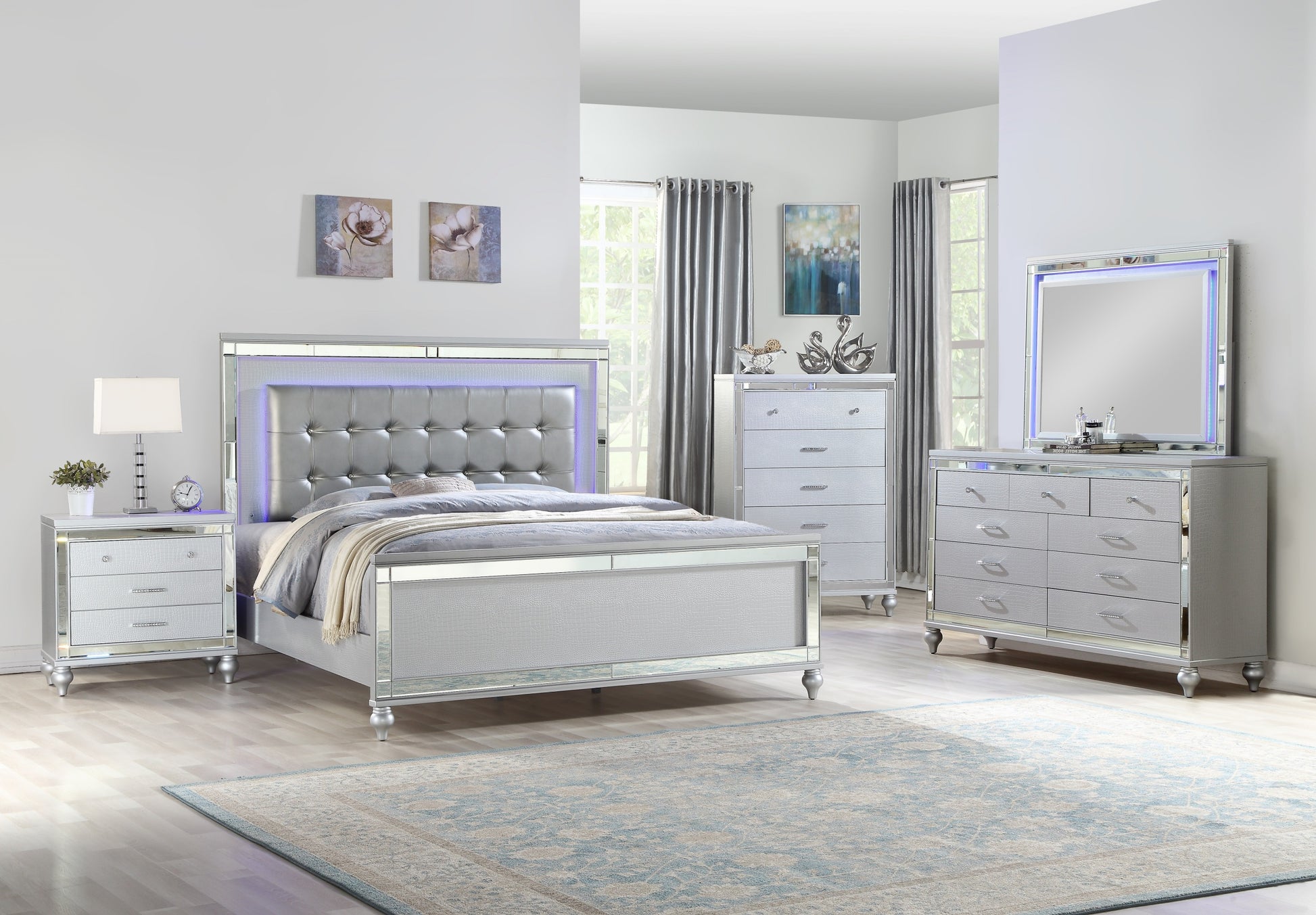 Sterling Queen 5 Pc Led Bedroom Set Made With Wood In Silver Color Box Spring Not Required Queen Silver Wood 5 Piece Set Bedroom Bed Included,Chest Included,Dresser Included,Mirror Included,Nightstand Included Contemporary,Modern Solid Wood Mdf Built In