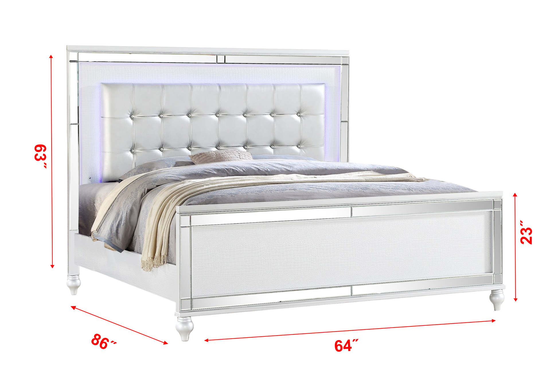 Queen Size Upholstered Led Bed Made With Wood In White Color Queen White Wood Bedroom Wood