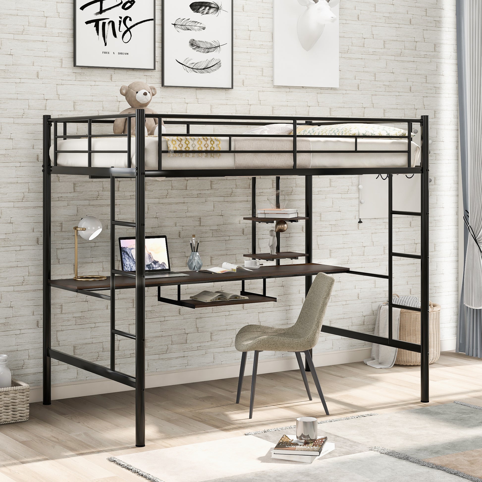 Loft Bed With Desk And Shelfspace Saving Design,Full,Black Old Sku:Mf199506Aab Box Spring Not Required Full Black Metal Bedroom Bed Frame Metal