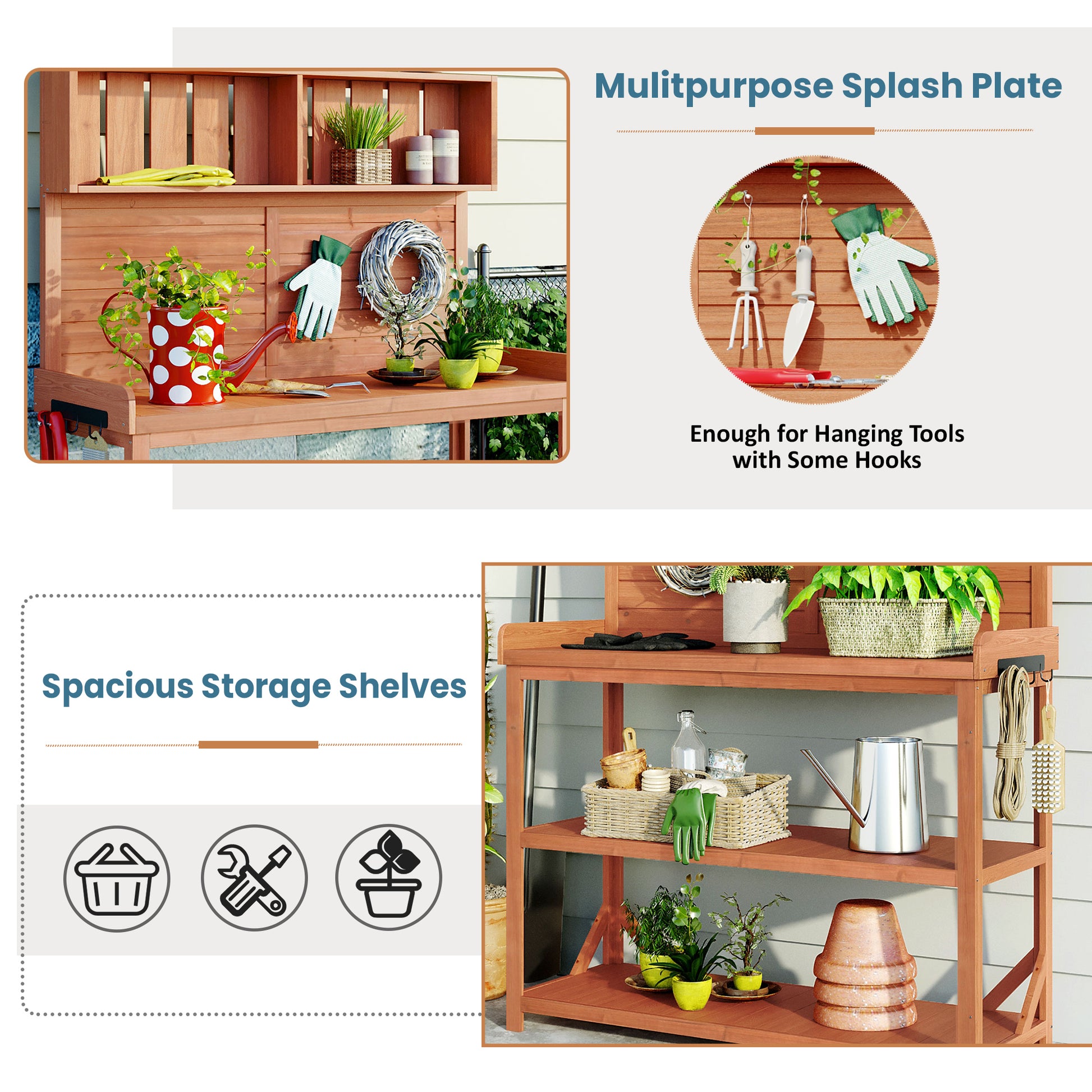 65" Large Wooden Farmhouse Rustic Outdoor Potting Bench Table, Patio Workstation, Garden Potting Bench With 4 Storage Shelves And Side Hook,Natural Natural Garden & Outdoor Casual Wood Solid Wood