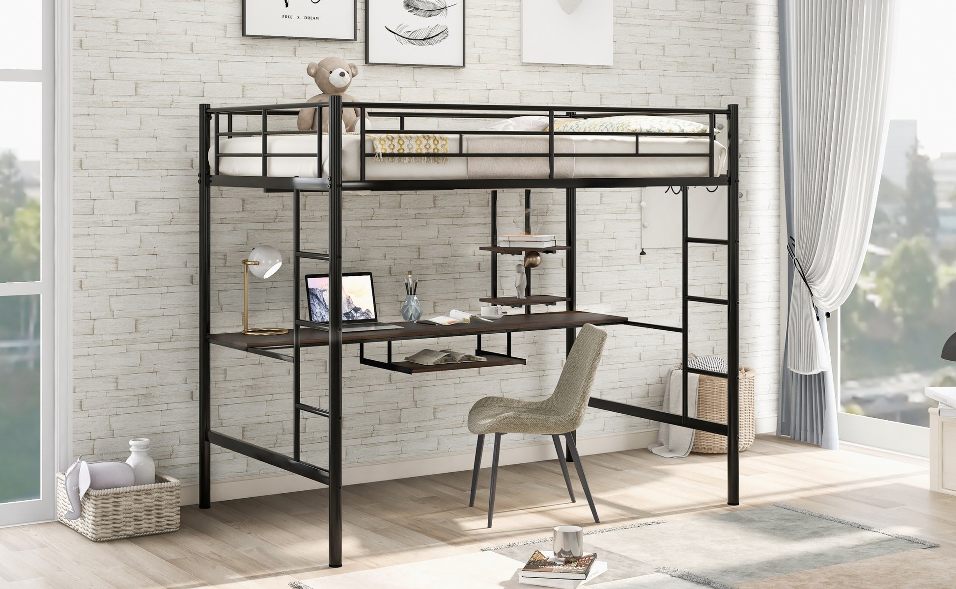 Loft Bed With Desk And Shelfspace Saving Design,Full,Black Old Sku:Mf199506Aab Box Spring Not Required Full Black Metal Bedroom Bed Frame Metal