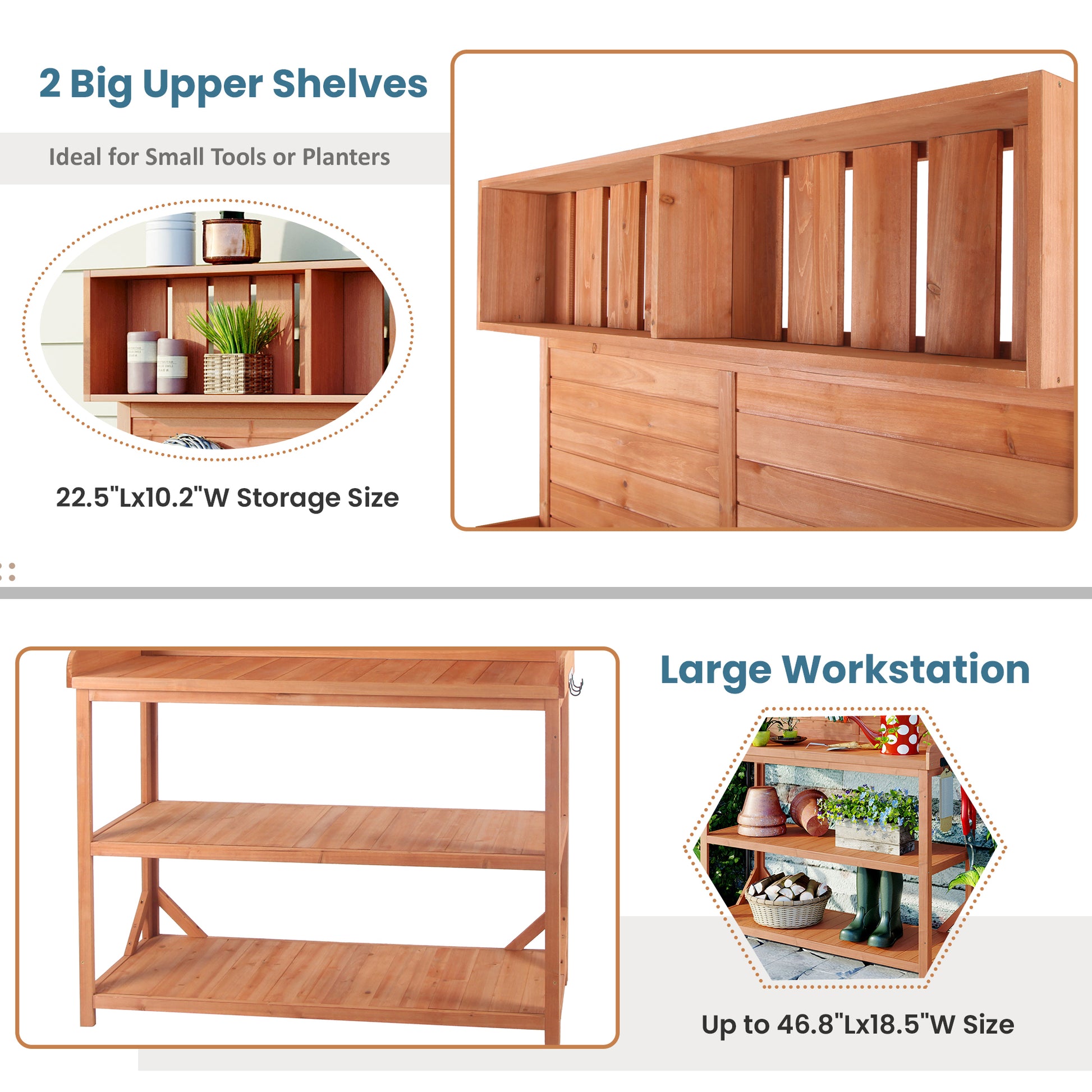 65" Large Wooden Farmhouse Rustic Outdoor Potting Bench Table, Patio Workstation, Garden Potting Bench With 4 Storage Shelves And Side Hook,Natural Natural Garden & Outdoor Casual Wood Solid Wood