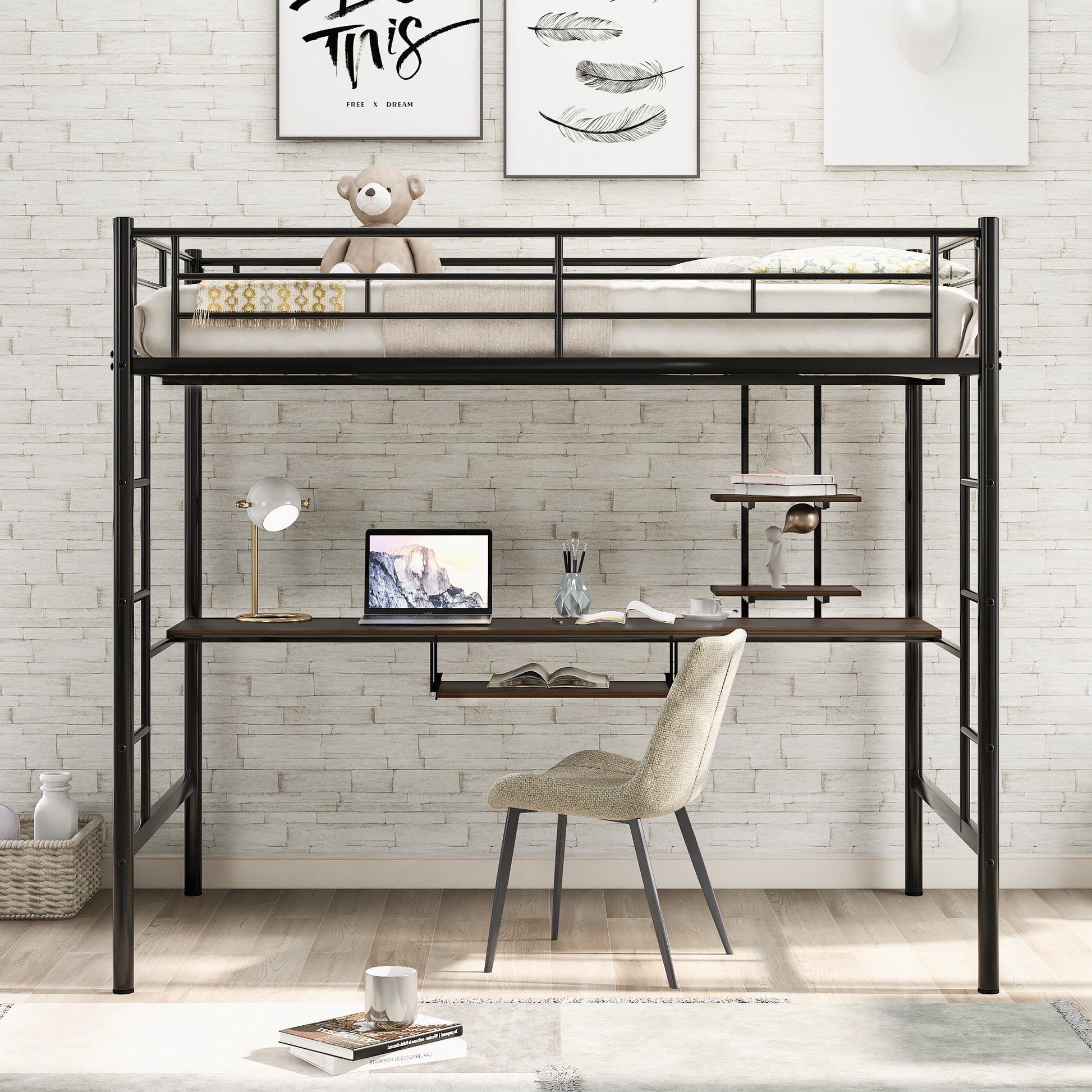 Loft Bed With Desk And Shelfspace Saving Design,Full,Black Old Sku:Mf199506Aab Box Spring Not Required Full Black Metal Bedroom Bed Frame Metal