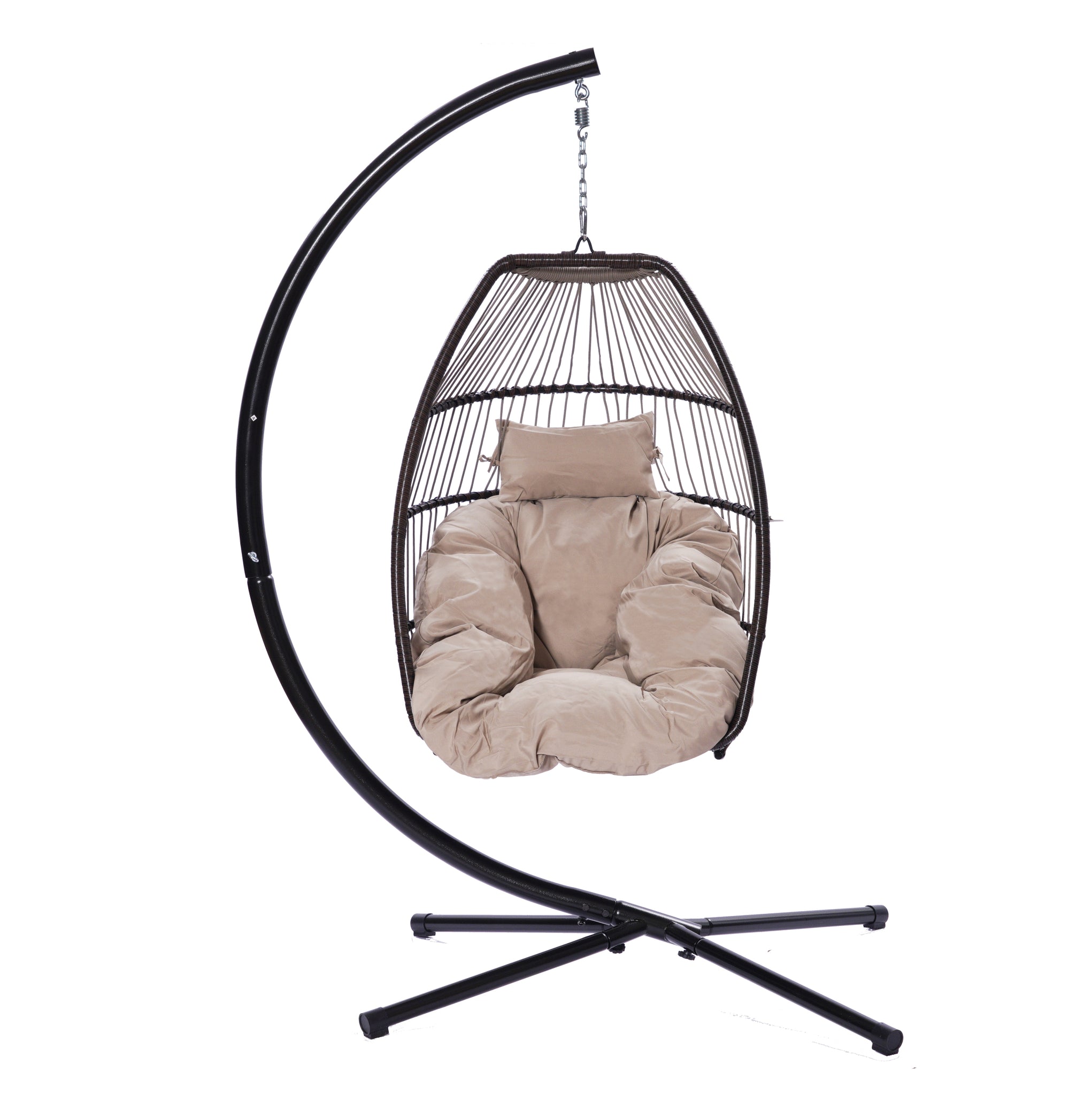 Outdoor Patio Wicker Folding Hanging Chair,Rattan beige brown-metal
