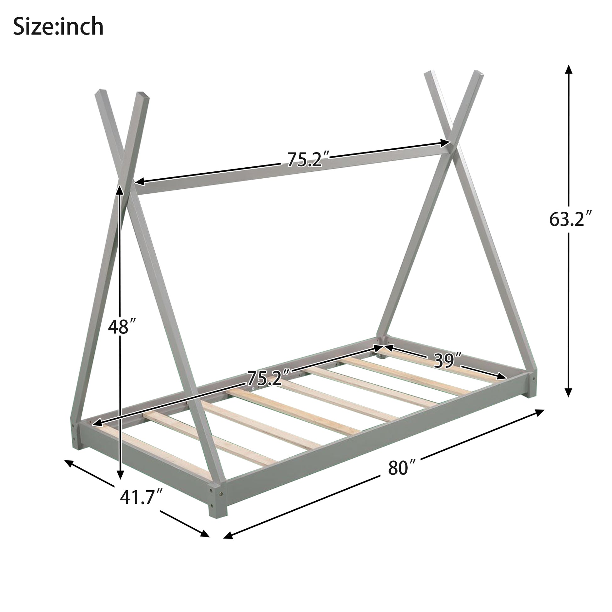 Twin Size House Platform Bed With Triangle Structure,Gray Gray Pine