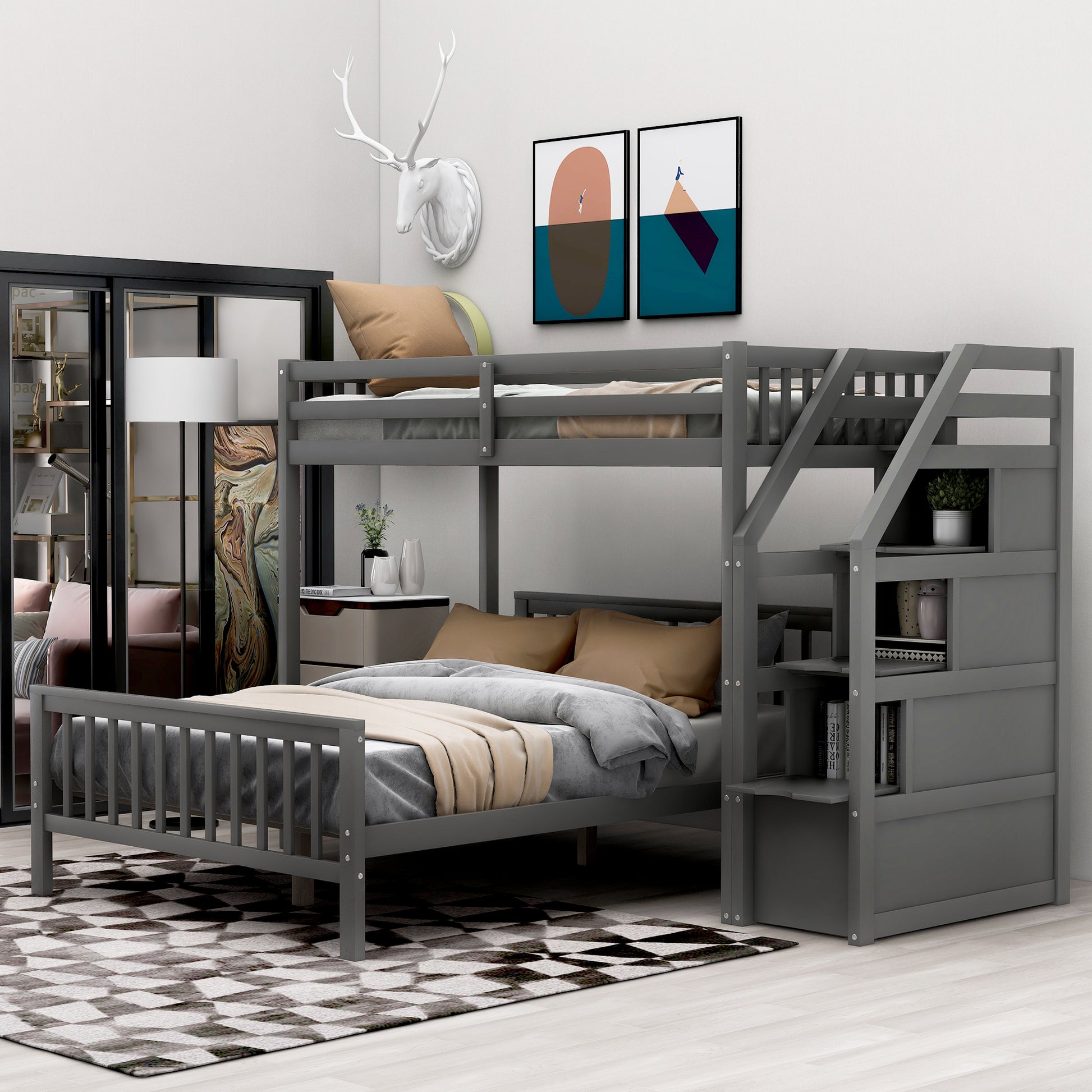 Twin Over Full Loft Bed With Staircase,Gray Old Sku:Sm000107Aae Gray Pine