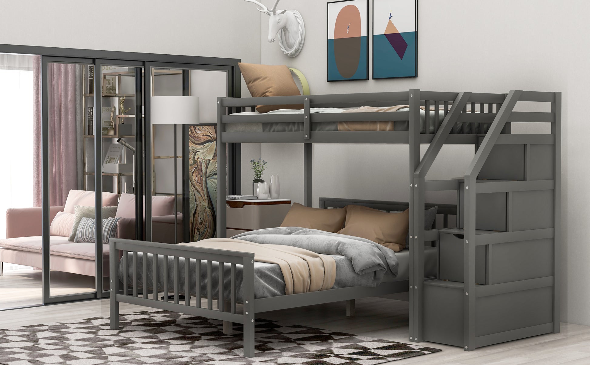 Twin Over Full Loft Bed With Staircase,Gray Old Sku:Sm000107Aae Gray Pine