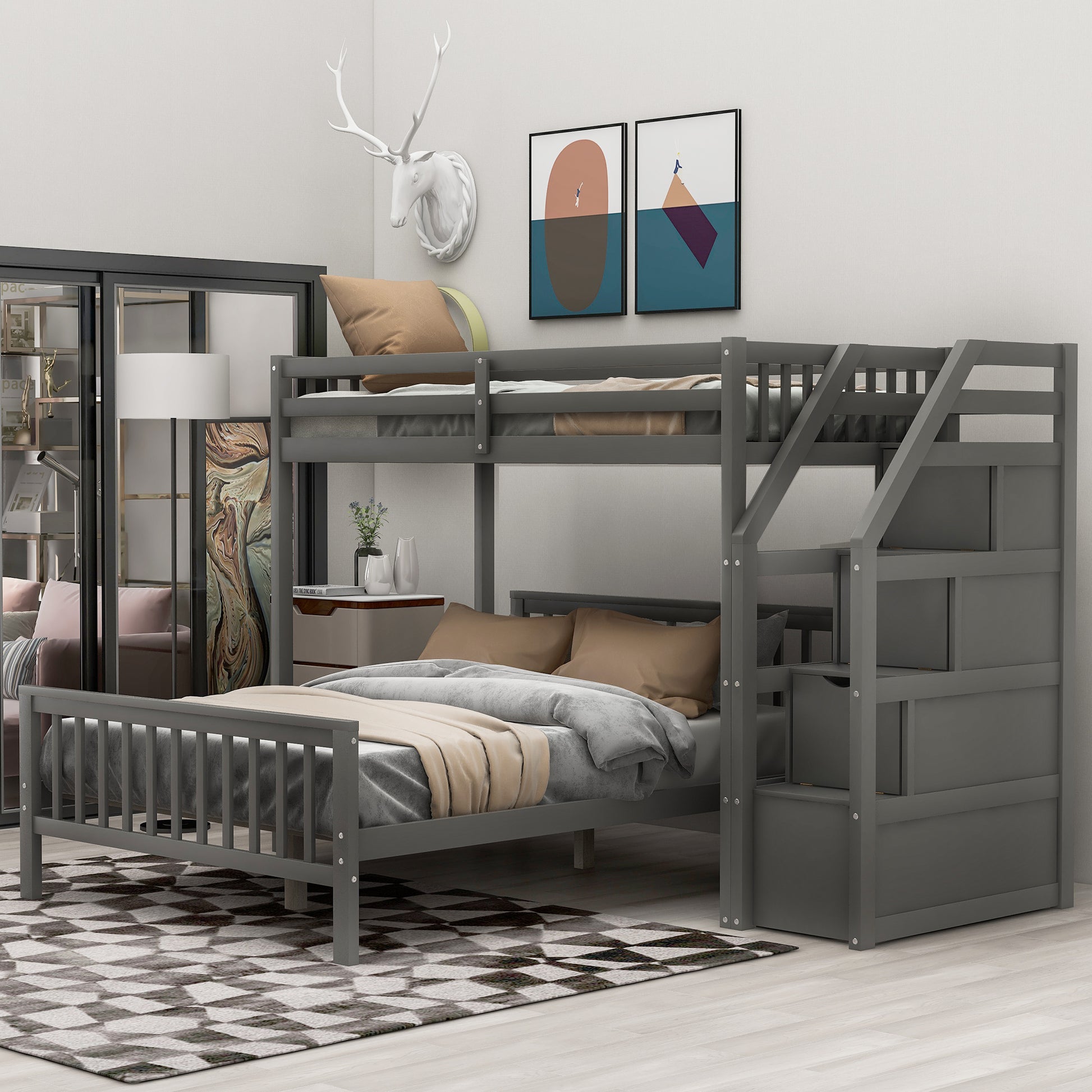 Twin Over Full Loft Bed With Staircase,Gray Old Sku:Sm000107Aae Gray Pine