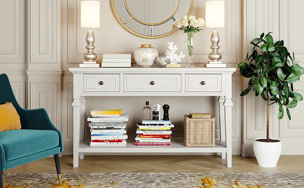 Classic Retro Style Console Table With Three Top Drawers And Open Style Bottom Shelf, Easy Assembly Antique White Antique White Solid Wood