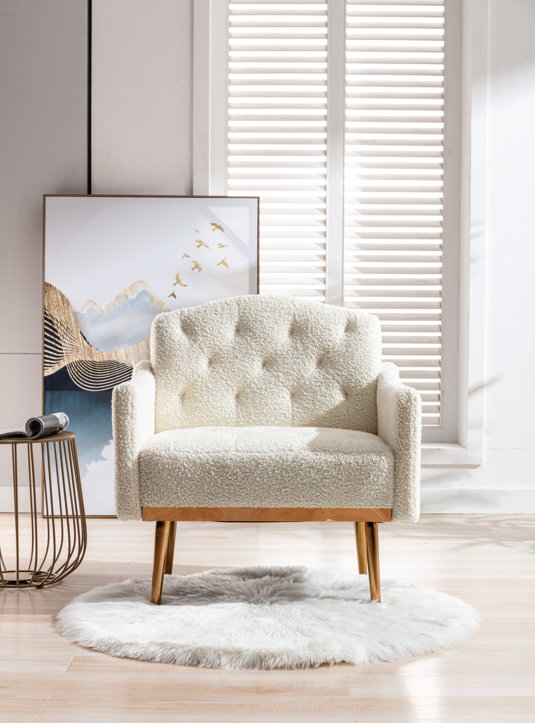 Coolmore Modern Accent Chair With Arms, Tufted Decorative Fabric Armchair With Gold Metal Legs, Upholstered Reading Chair For Living Room Bedroom Office White Teddy White Teddy Foam Metal