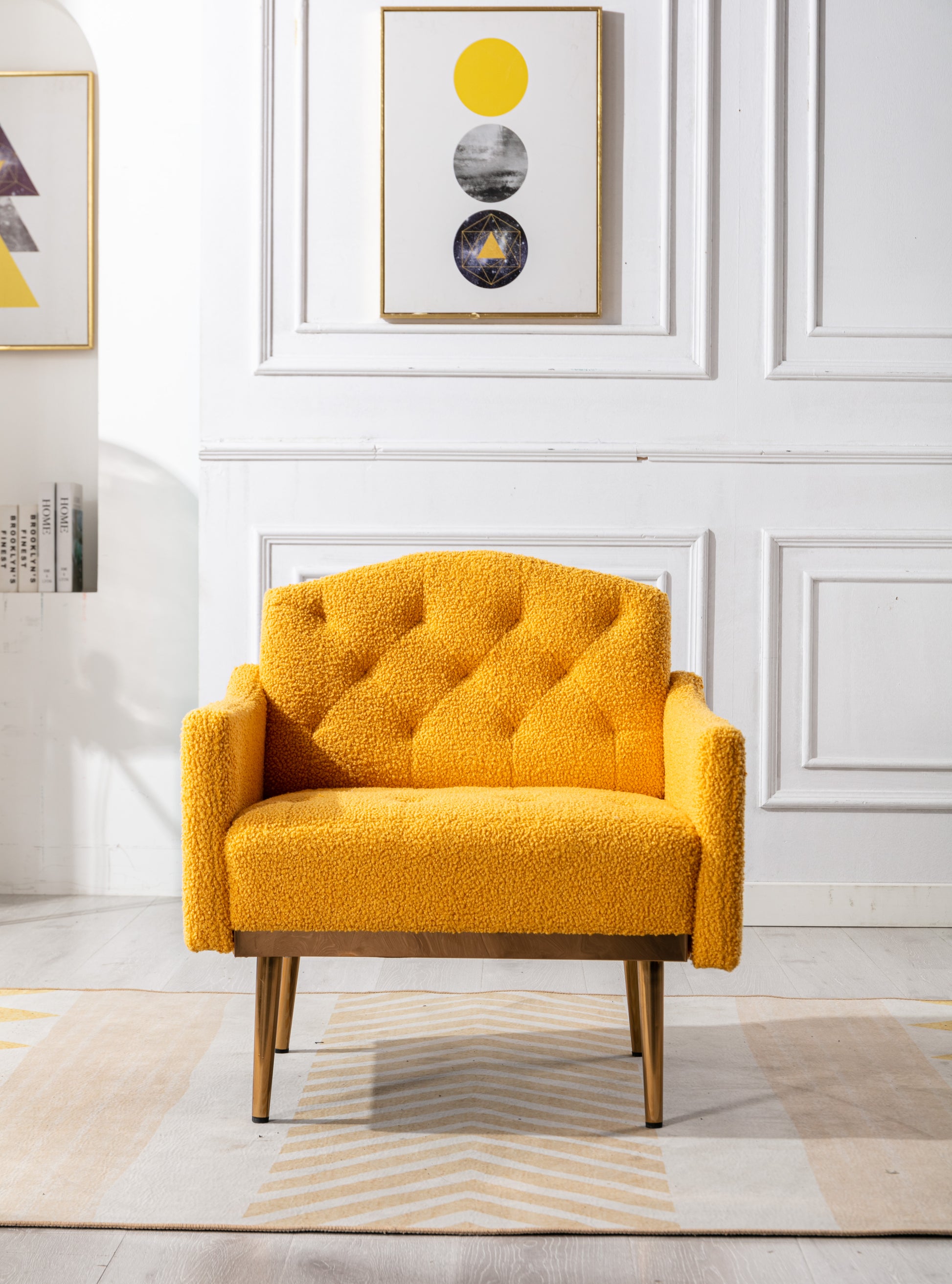 Coolmore Modern Accent Chair With Arms, Tufted Decorative Fabric Armchair With Gold Metal Legs, Upholstered Reading Chair For Living Room Bedroom Office Mustard Teddy Mustard Teddy Foam Metal