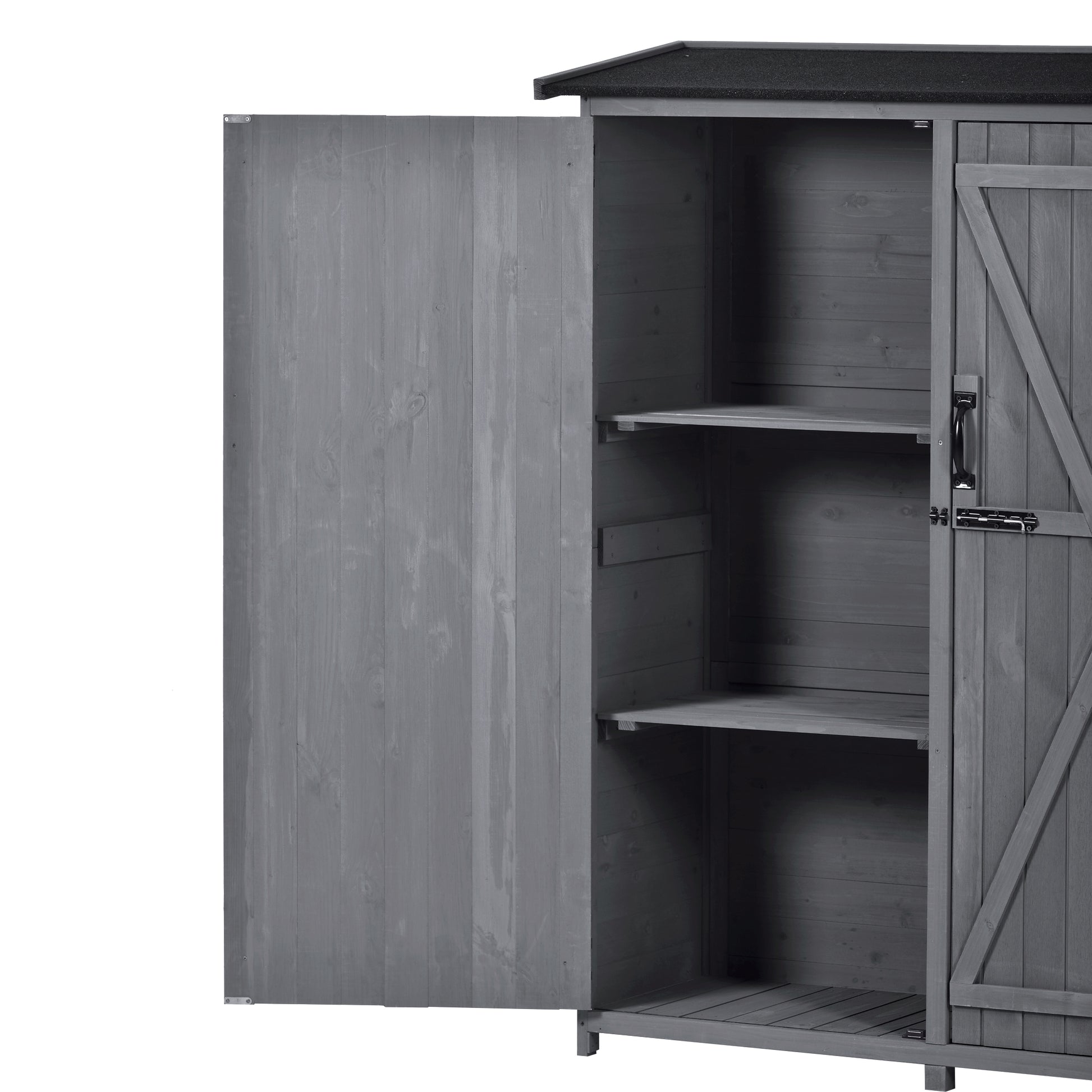 Outdoor 5.3Ft Hx4.6Ft L Wood Storage Shed Tool Organizer,Garden Shed, Storage Cabinet With Waterproof Asphalt Roof, Double Lockable Doors, 3 Tier Shelves For Backyard, Gray Gray Water Resistant Frame Garden & Outdoor Casual Wood Solid Wood