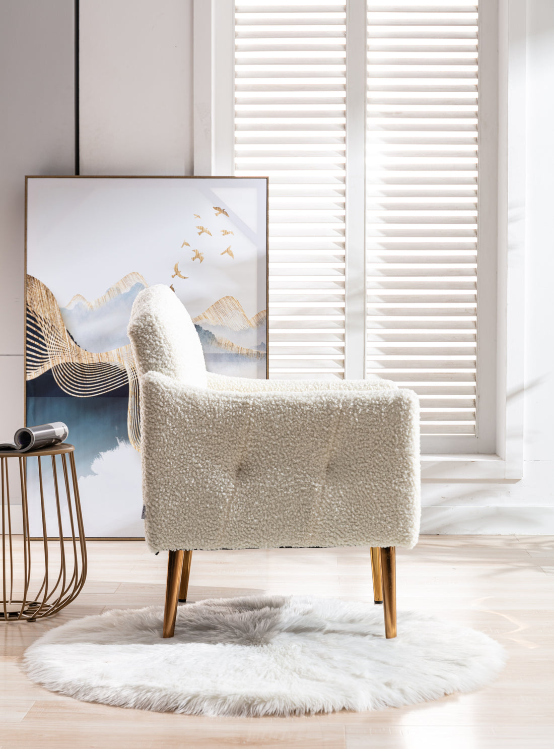 Coolmore Modern Accent Chair With Arms, Tufted Decorative Fabric Armchair With Gold Metal Legs, Upholstered Reading Chair For Living Room Bedroom Office White Teddy White Teddy Foam Metal