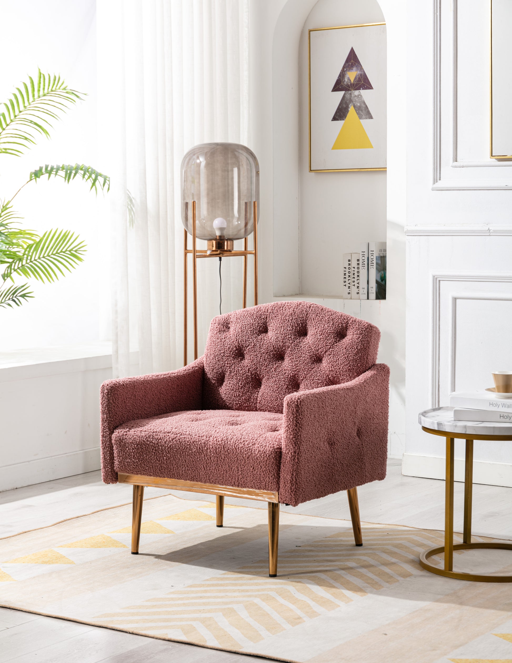 Coolmore Modern Accent Chair With Arms, Tufted Decorative Fabric Armchair With Gold Metal Legs, Upholstered Reading Chair For Living Room Bedroom Office Brush Pink Teddy Brush Pink Teddy Foam Metal