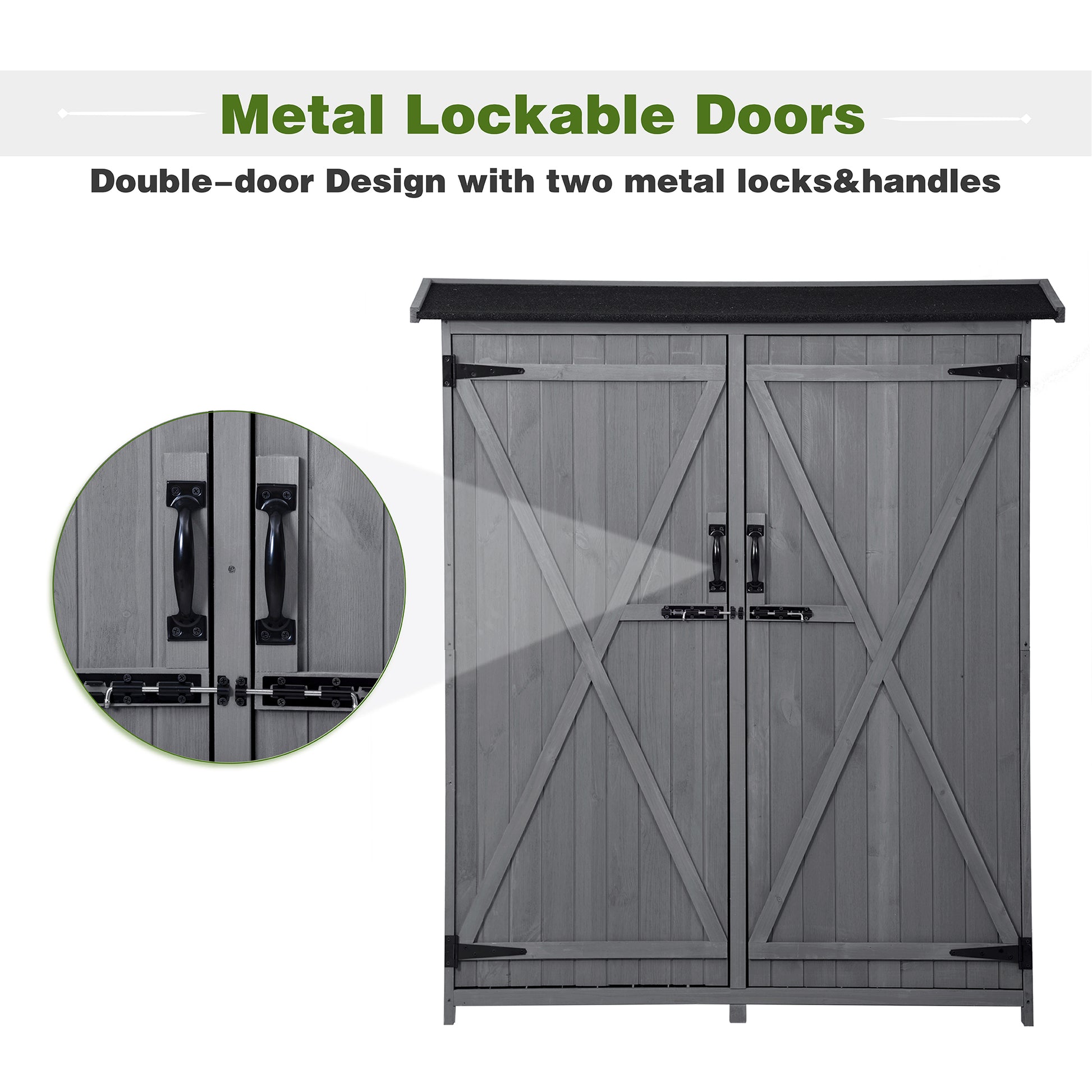 Outdoor 5.3Ft Hx4.6Ft L Wood Storage Shed Tool Organizer,Garden Shed, Storage Cabinet With Waterproof Asphalt Roof, Double Lockable Doors, 3 Tier Shelves For Backyard, Gray Gray Water Resistant Frame Garden & Outdoor Casual Wood Solid Wood