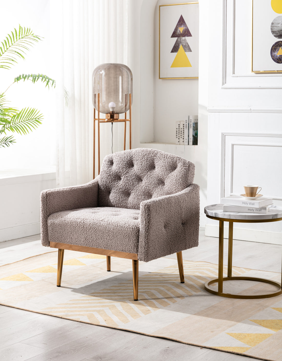 Coolmore Modern Accent Chair With Arms, Tufted Decorative Fabric Armchair With Gold Metal Legs, Upholstered Reading Chair For Living Room Bedroom Office Grey Teddy Grey Teddy Foam Metal