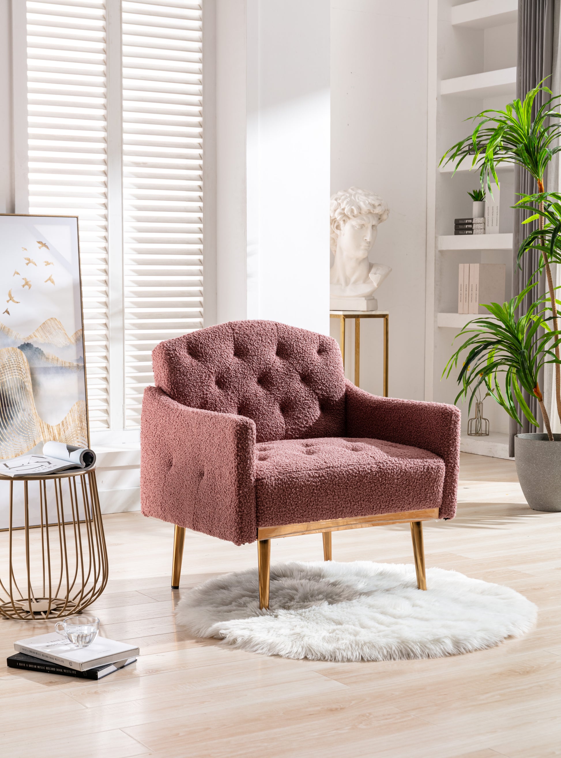 Coolmore Modern Accent Chair With Arms, Tufted Decorative Fabric Armchair With Gold Metal Legs, Upholstered Reading Chair For Living Room Bedroom Office Brush Pink Teddy Brush Pink Teddy Foam Metal