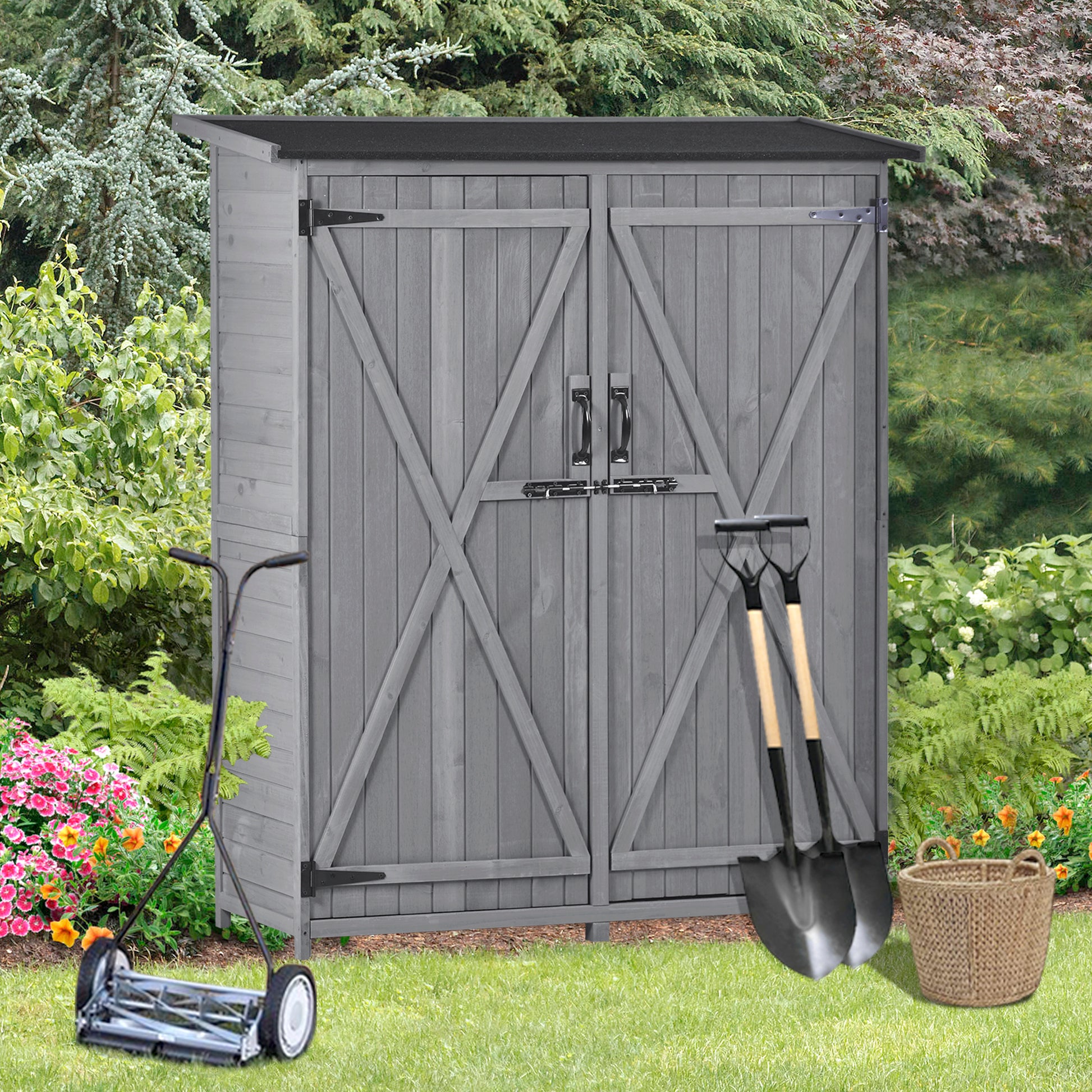 Outdoor 5.3Ft Hx4.6Ft L Wood Storage Shed Tool Organizer,Garden Shed, Storage Cabinet With Waterproof Asphalt Roof, Double Lockable Doors, 3 Tier Shelves For Backyard, Gray Gray Water Resistant Frame Garden & Outdoor Casual Wood Solid Wood