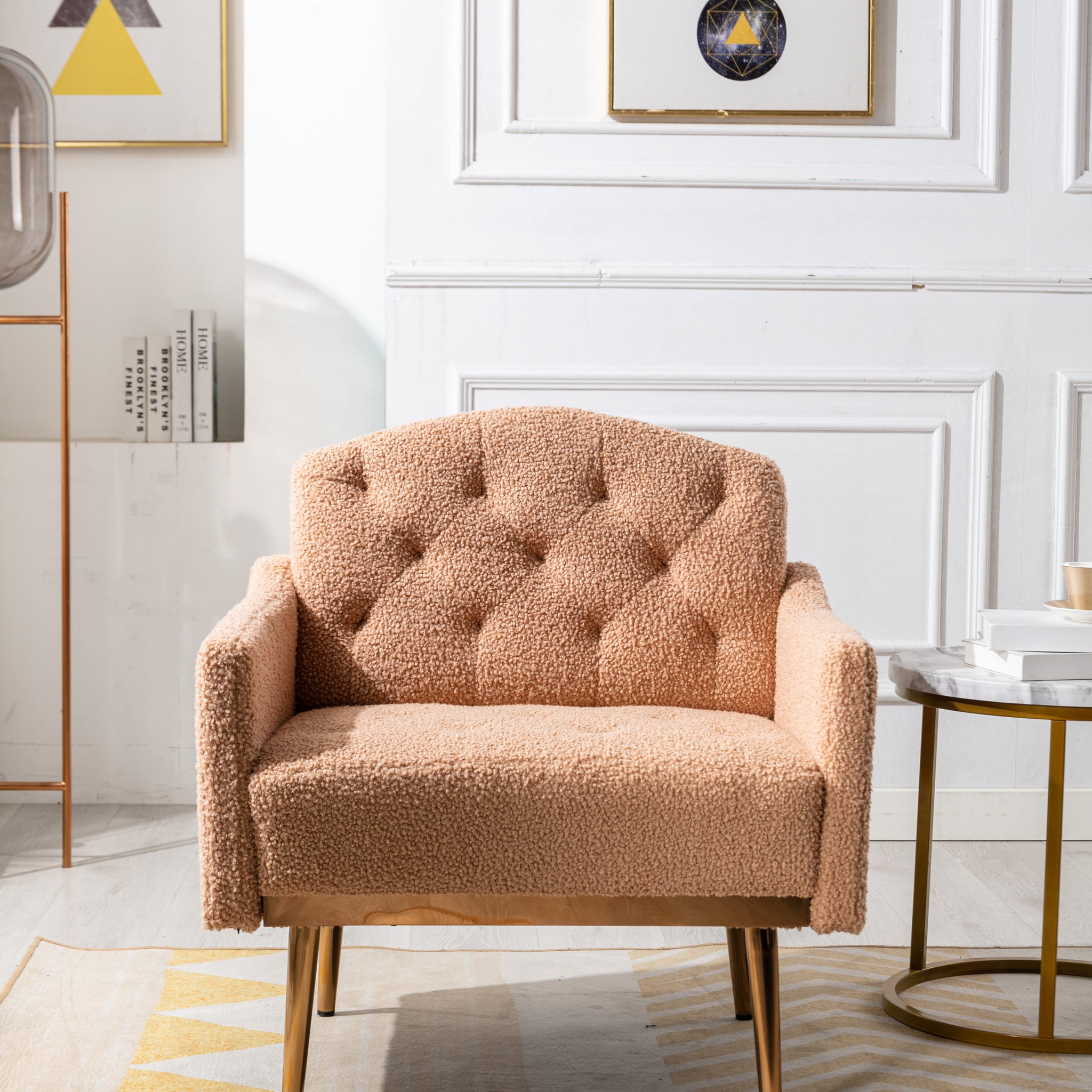 Coolmore Modern Accent Chair With Arms, Tufted Decorative Fabric Armchair With Gold Metal Legs, Upholstered Reading Chair For Living Room Bedroom Office Camel Teddy Camel Teddy Foam Metal