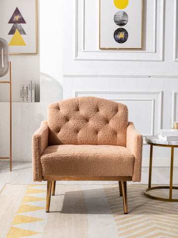 Coolmore Modern Accent Chair With Arms, Tufted Decorative Fabric Armchair With Gold Metal Legs, Upholstered Reading Chair For Living Room Bedroom Office Camel Teddy Camel Teddy Foam Metal