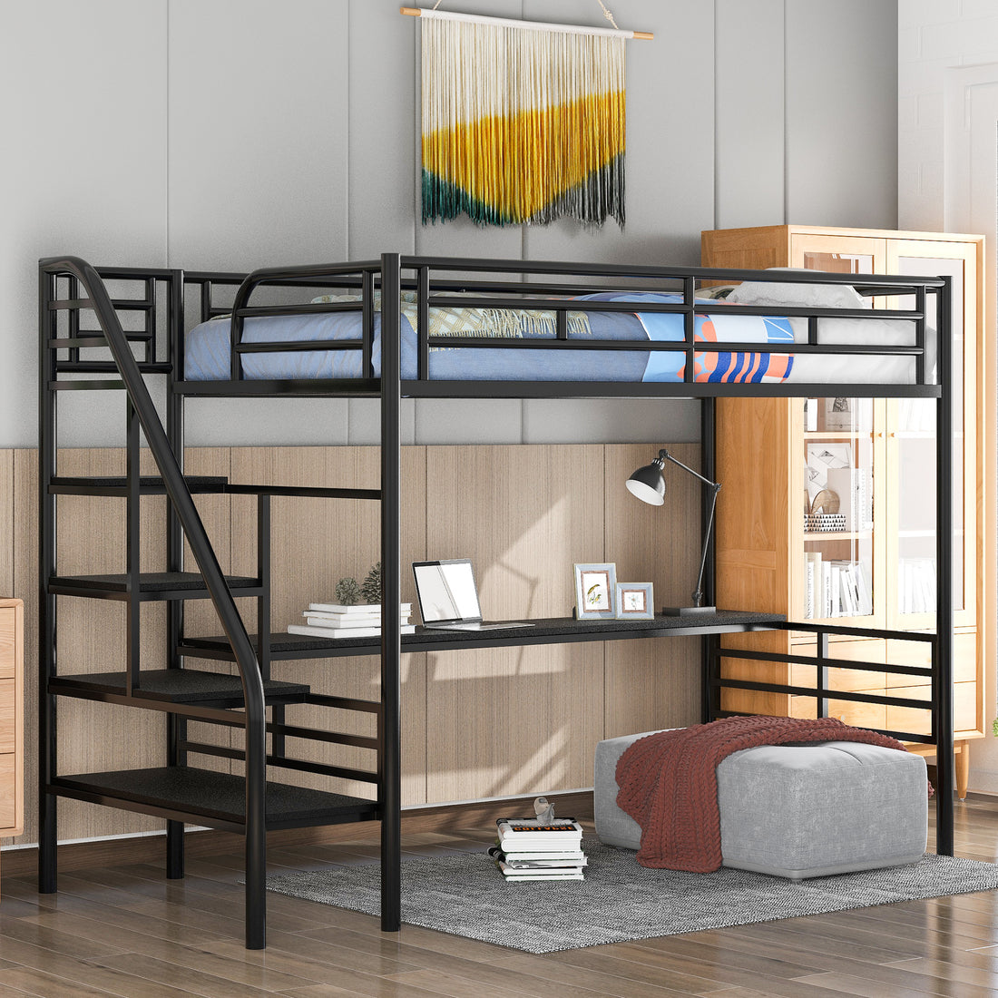 Metal Loft Bed Frame With Desk, No Box Spring Needed,Twin ,Black Twin Black Metal