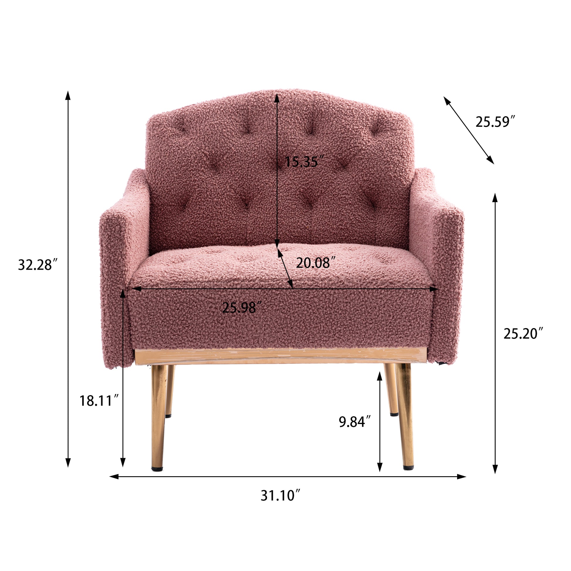 Coolmore Modern Accent Chair With Arms, Tufted Decorative Fabric Armchair With Gold Metal Legs, Upholstered Reading Chair For Living Room Bedroom Office Brush Pink Teddy Brush Pink Teddy Foam Metal