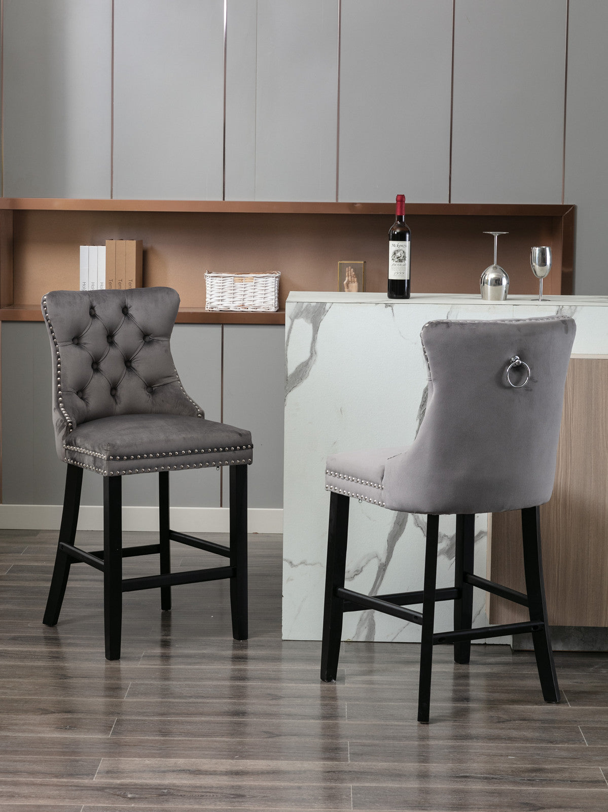 Contemporary Velvet Upholstered Barstools With Button Tufted Decoration And Wooden Legs, And Chrome Trim, Leisure Style Bar Chairs,Bar Stools, Set Of 2 Gray 1902Gy Gray Foam Velvet