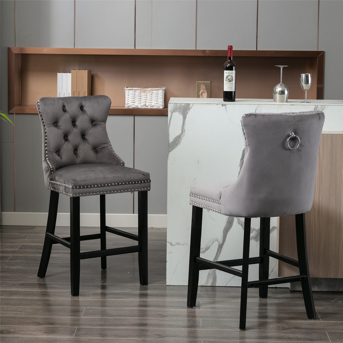 Contemporary Velvet Upholstered Barstools With Button Tufted Decoration And Wooden Legs, And Chrome Trim, Leisure Style Bar Chairs,Bar Stools, Set Of 2 Gray 1902Gy Gray Foam Velvet