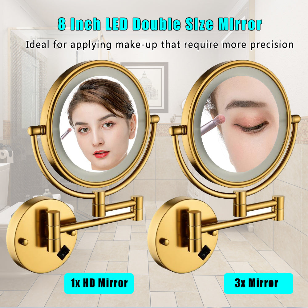 8 Inch LED Wall Mount Two Sided Magnifying Makeup gold-stainless steel