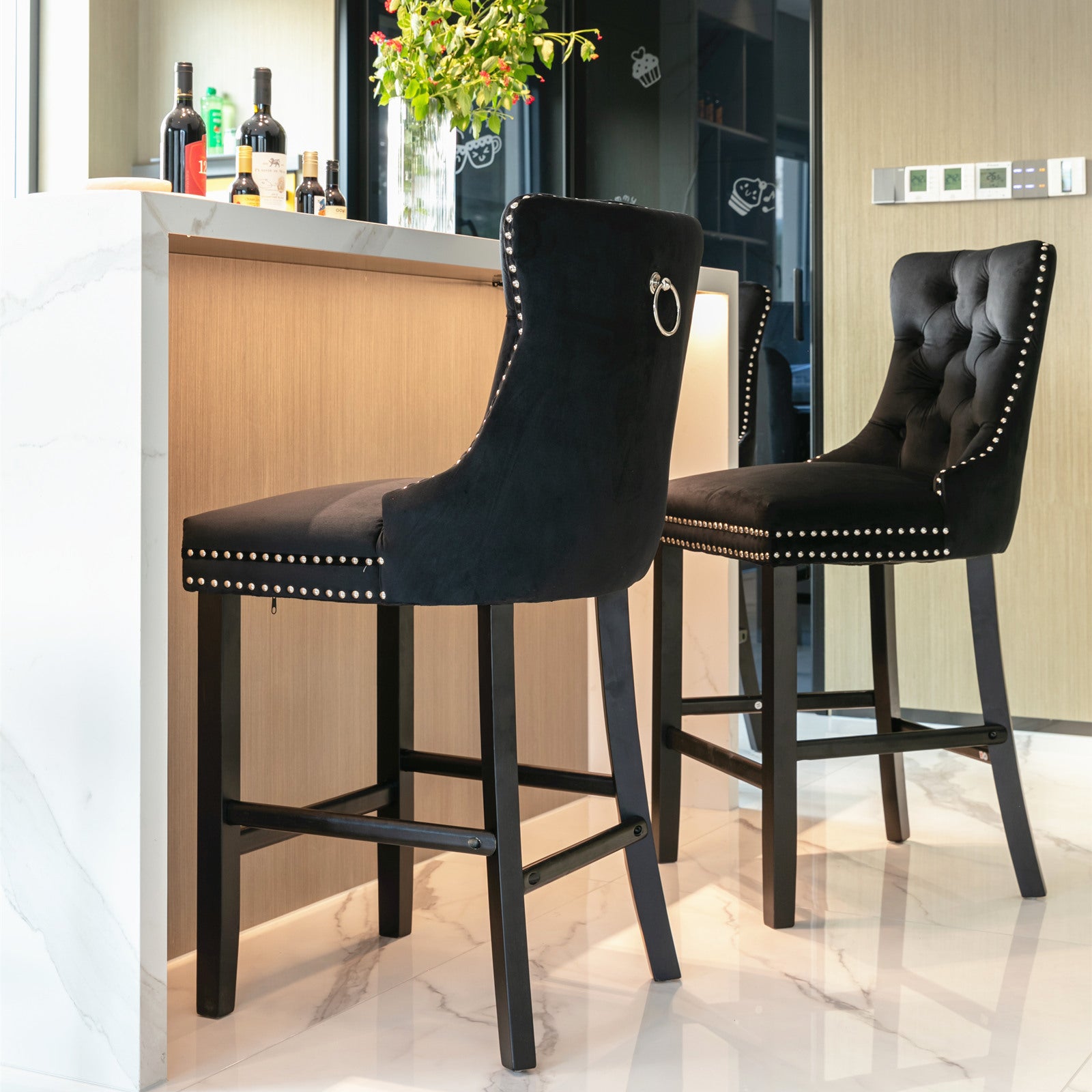 Contemporary Velvet Upholstered Barstools With Button Tufted Decoration And Wooden Legs, And Chrome Trim, Leisure Style Bar Chairs,Bar Stools, Set Of 2 Black 1902Bk Black Foam Velvet