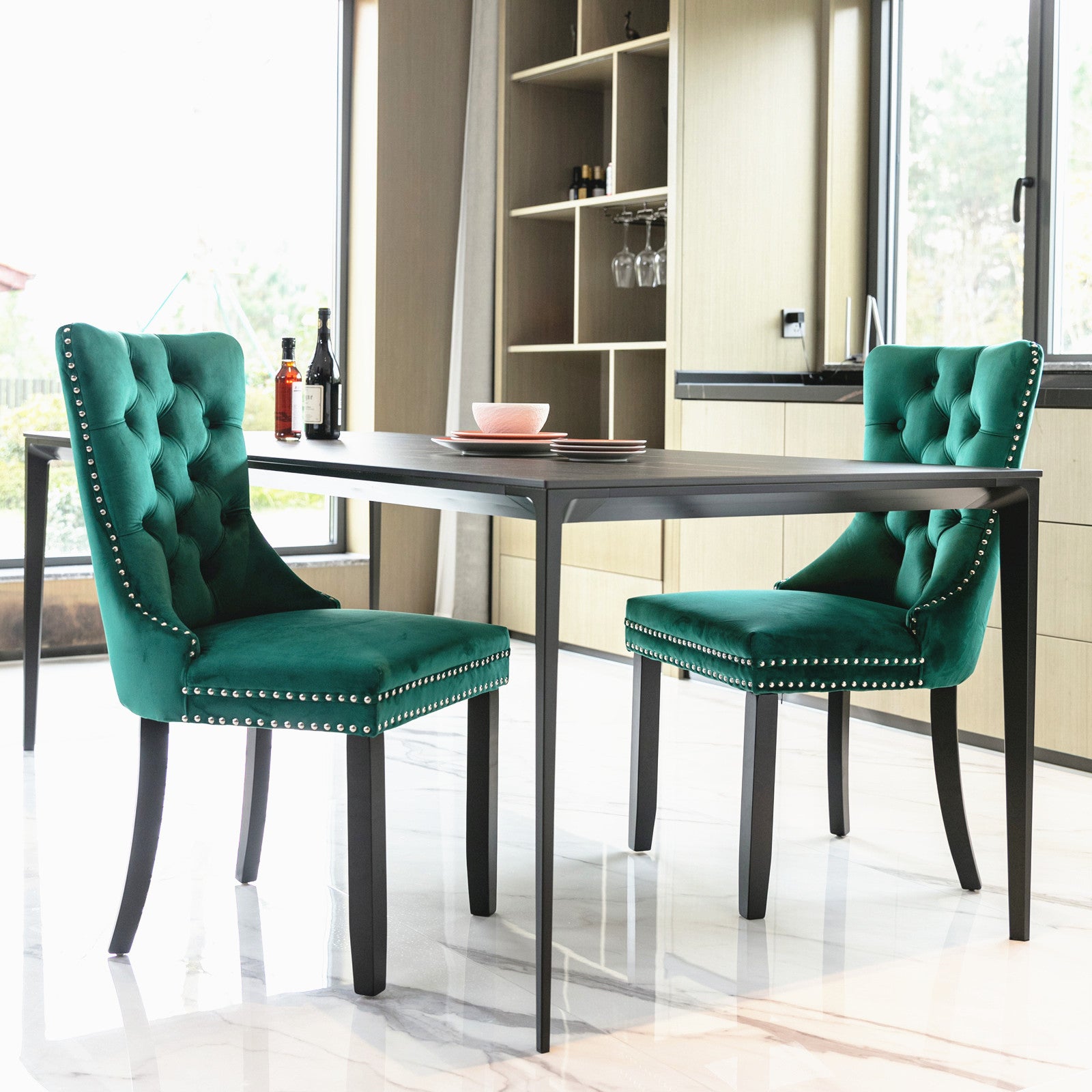 Nikki Collection Modern, High End Tufted Solid Wood Contemporary Velvet Upholstered Dining Chair With Wood Legs Trim 2 Pcs Set,Green, Sw2001Gn Green Dining Room American Design Rubberwood Foam Velvet