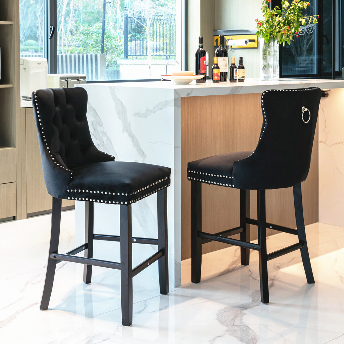 Contemporary Velvet Upholstered Barstools With Button Tufted Decoration And Wooden Legs, And Chrome Trim, Leisure Style Bar Chairs,Bar Stools, Set Of 2 Black 1902Bk Black Foam Velvet