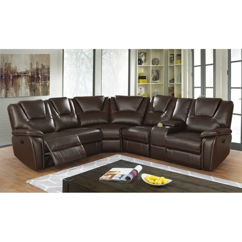 Hong Kong Power Reclining Sectional Made With Faux Leather In Brown Brown Faux Leather Metal Primary Living Space Medium Soft Cushion Back Contemporary,Modern U Shaped Pillow Top Arms Solid Wood Mdf Leather 5 Seat