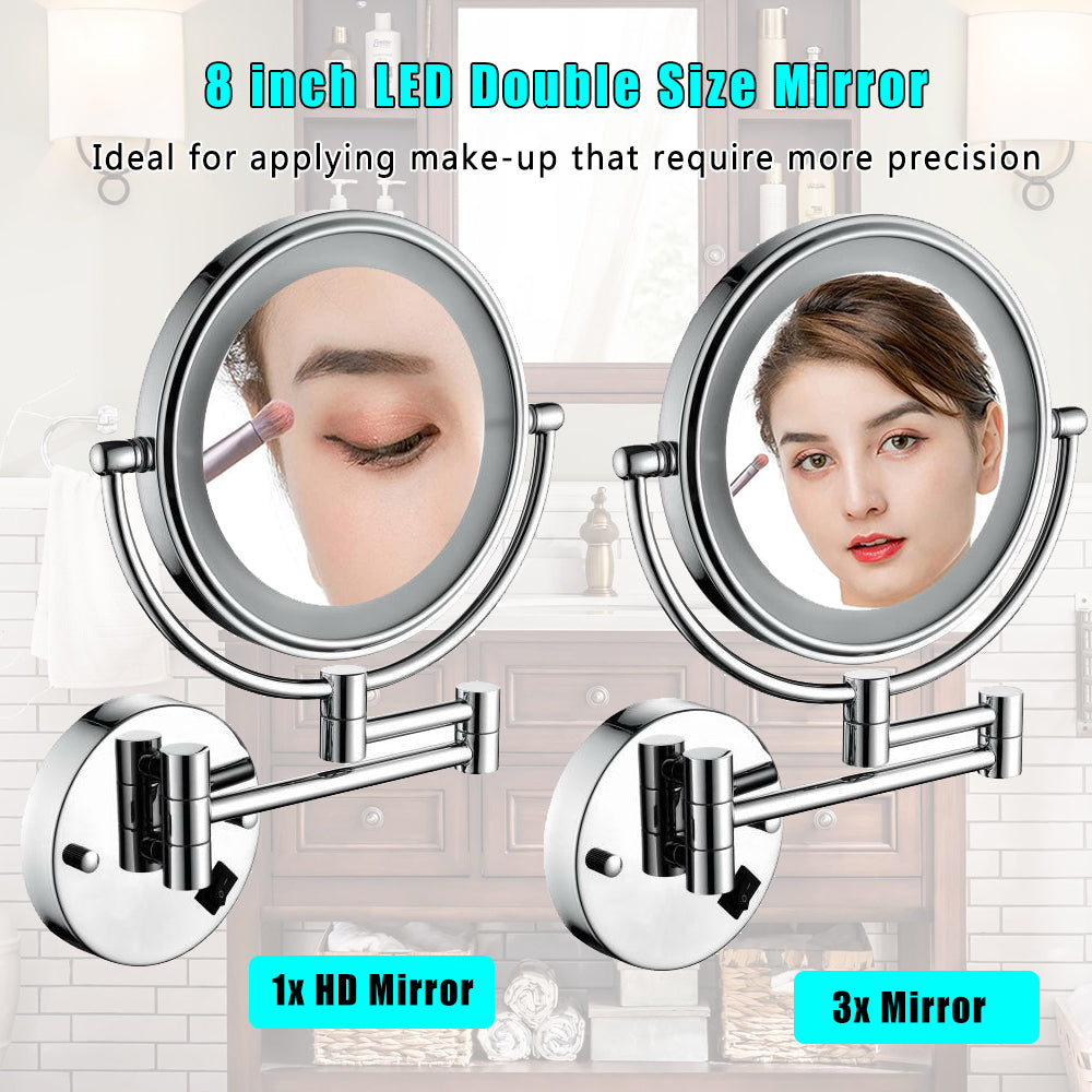 8 Inch LED Wall Mount Two Sided Magnifying Makeup chrome-stainless steel