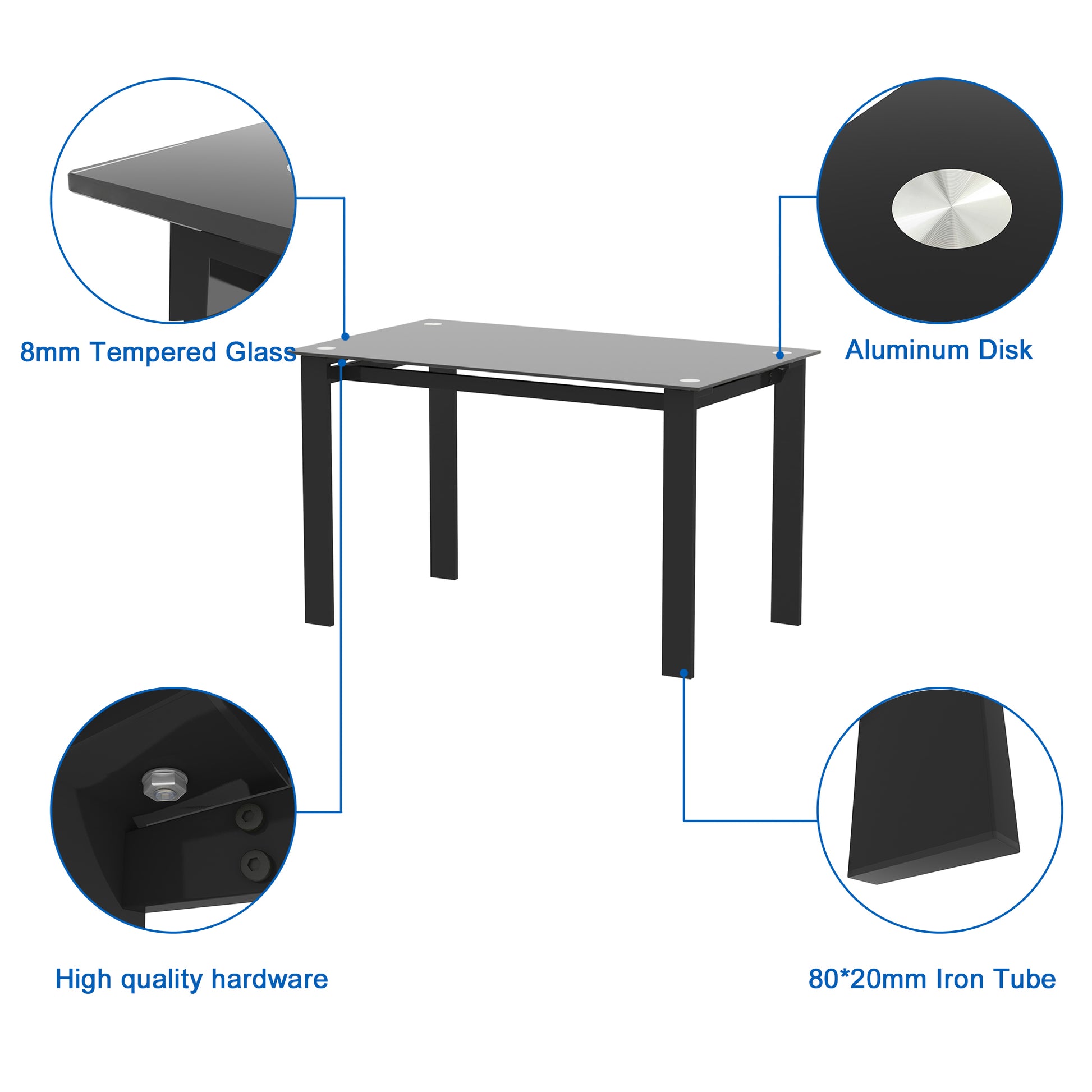 Modern Tempered Glass Black Dining Table, Simple Rectangular Metal Table Legs Living Room Kitchen Table Black Glass