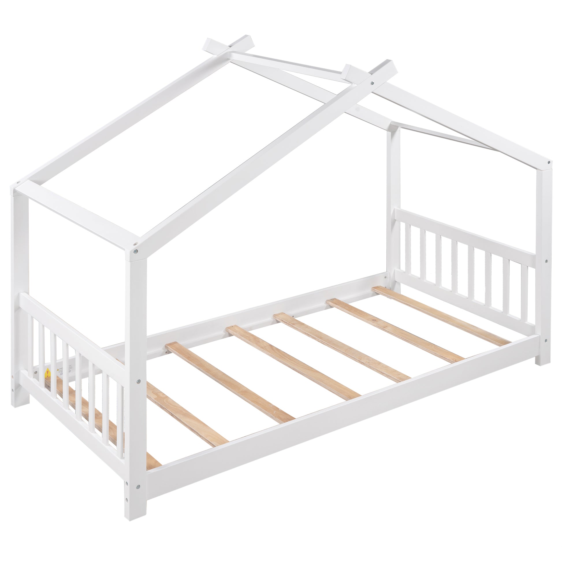 Twin Size House Platform Bed With Headboard And Footboard,Roof Design,White White Pine