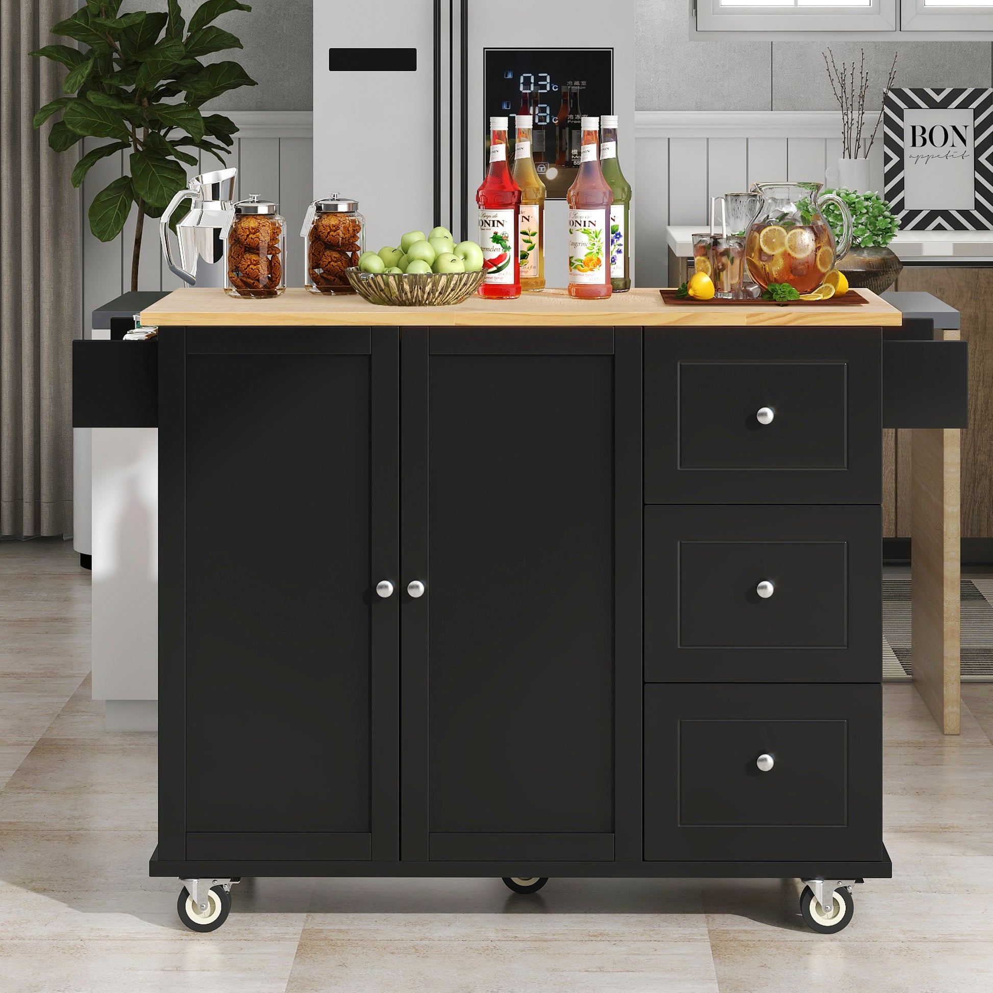 Rolling Mobile Kitchen Island With Solid Wood Top And Locking Wheels,52.7 Inch Width,Storage Cabinet And Drop Leaf Breakfast Bar,Spice Rack, Towel Rack & Drawer Black Black Mdf