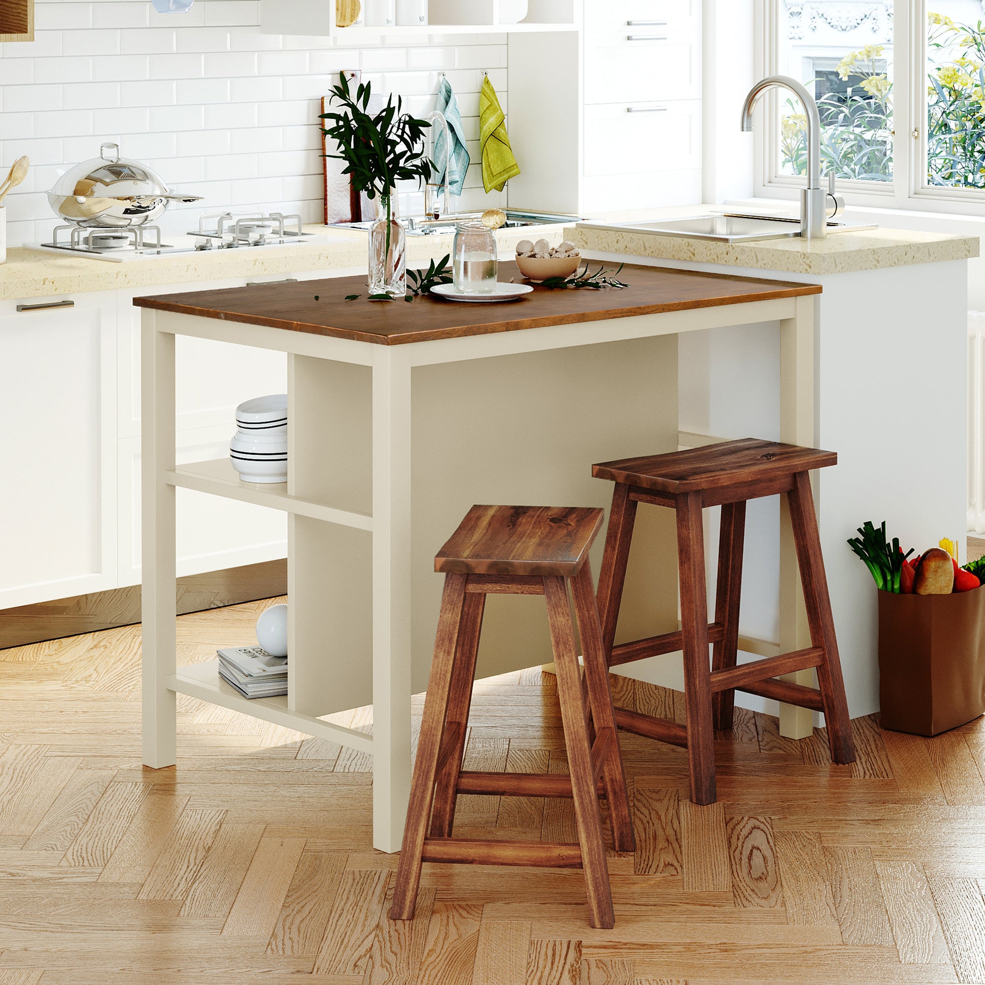 Solid Wood Rustic 3 Piece 45" Stationary Kitchen Island Set With 2 Seatings, Rubber Wood Butcher Block Dining Table Set Prep Table Set With 2 Open Shelves For Small Places,Walnut Cream White Wood Wood Walnut Seats 2 Wood Dining Room Rustic Rubberwood