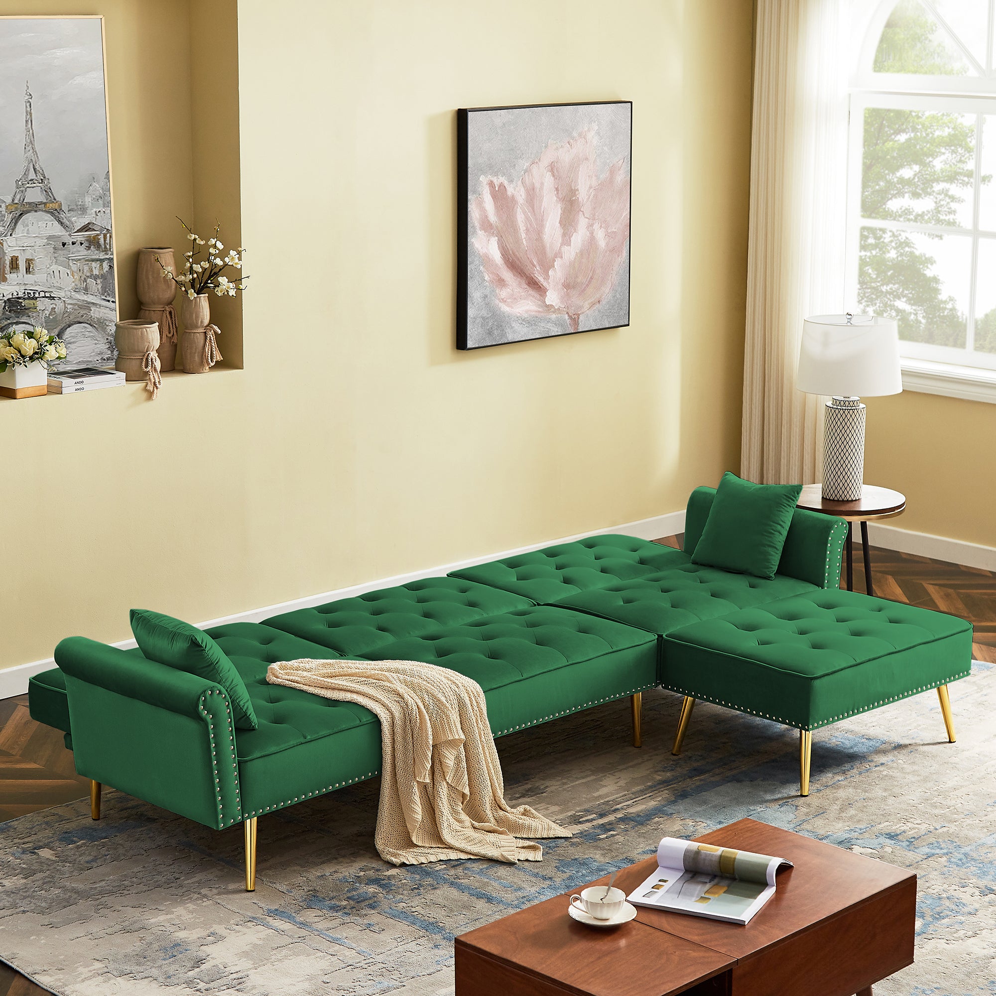 Modern Velvet Upholstered Reversible Sectional Sofa green-velvet-wood-tufted back-foam-velvet-3 seat